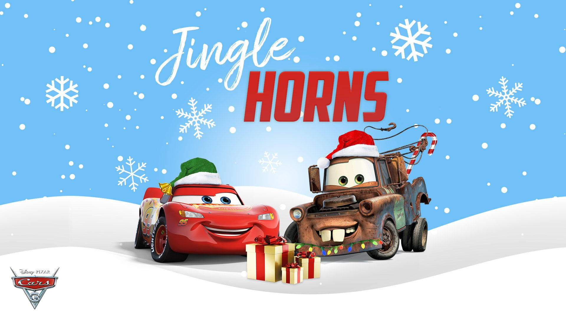 Disney Cars, Santa hats, snowy hills, Full HD Desktop Wallpaper