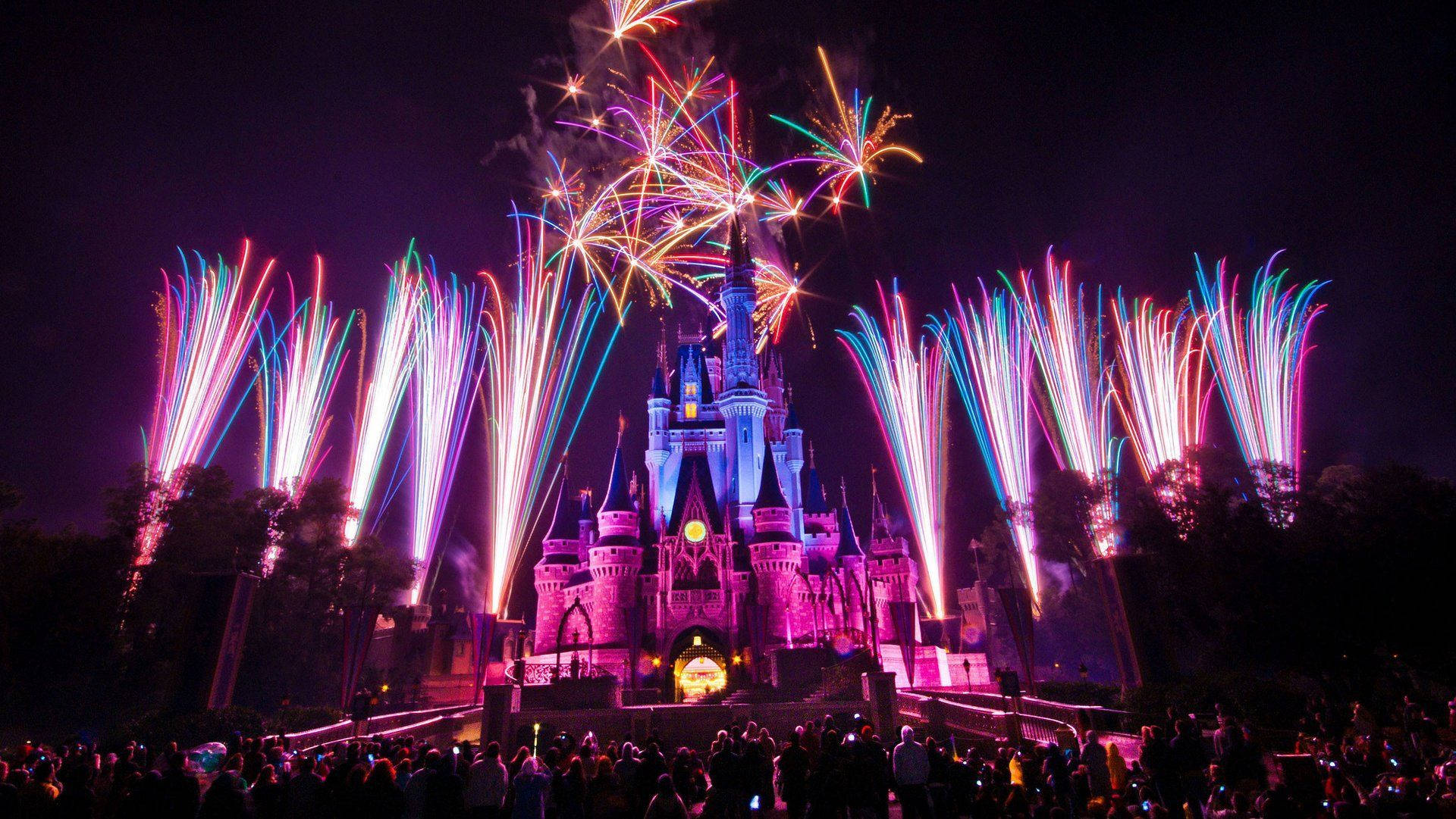 Disney Castle, fireworks, purple light, Full HD Desktop Wallpaper