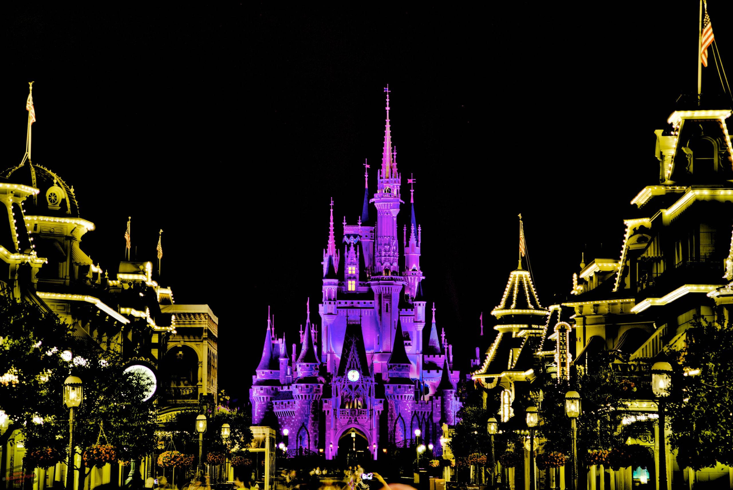 Disney Castle, vibrant purple, night, 2K Desktop Wallpaper