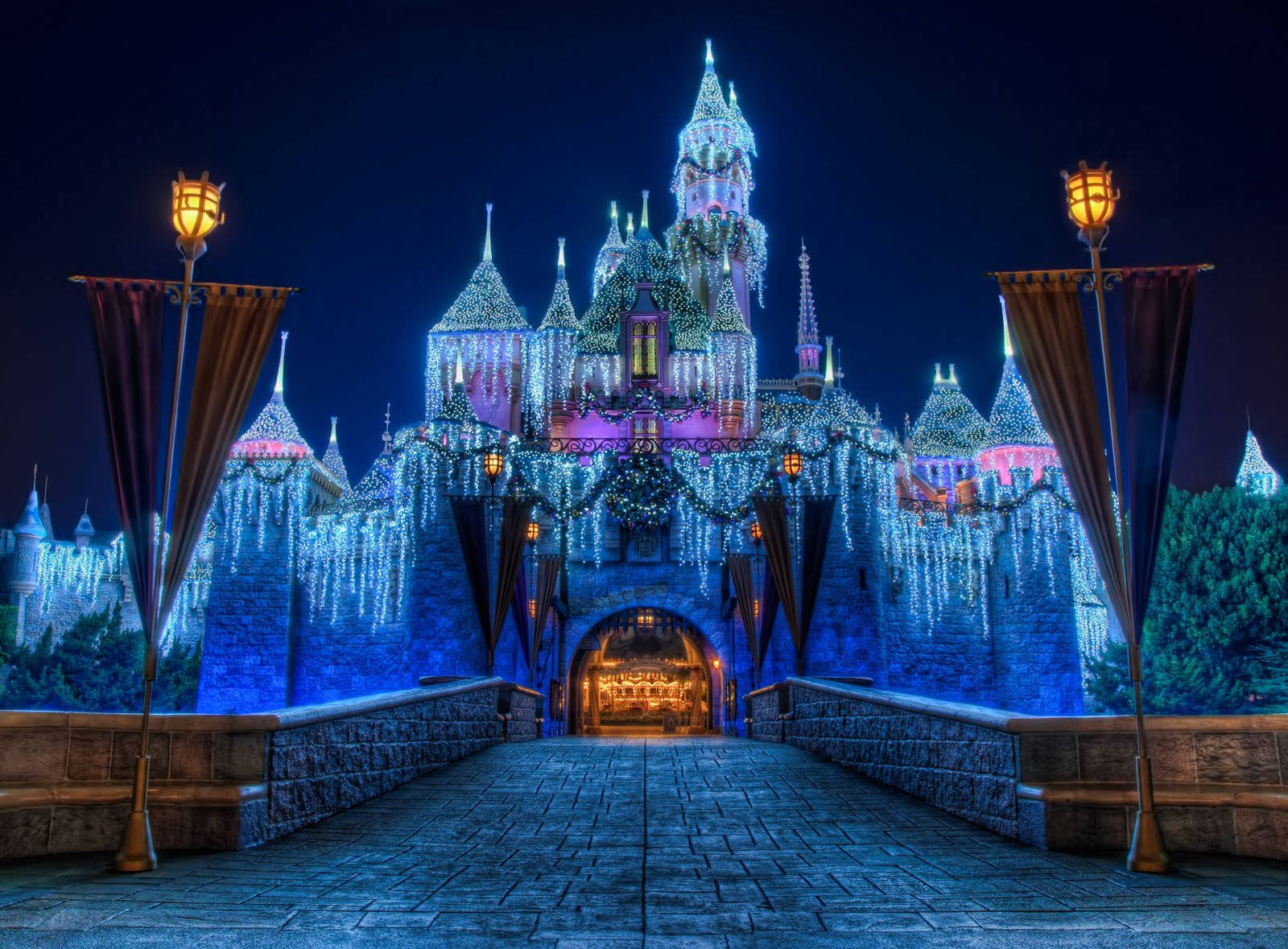 Disney Castle, blue lights, purple lights, HD Desktop Wallpaper