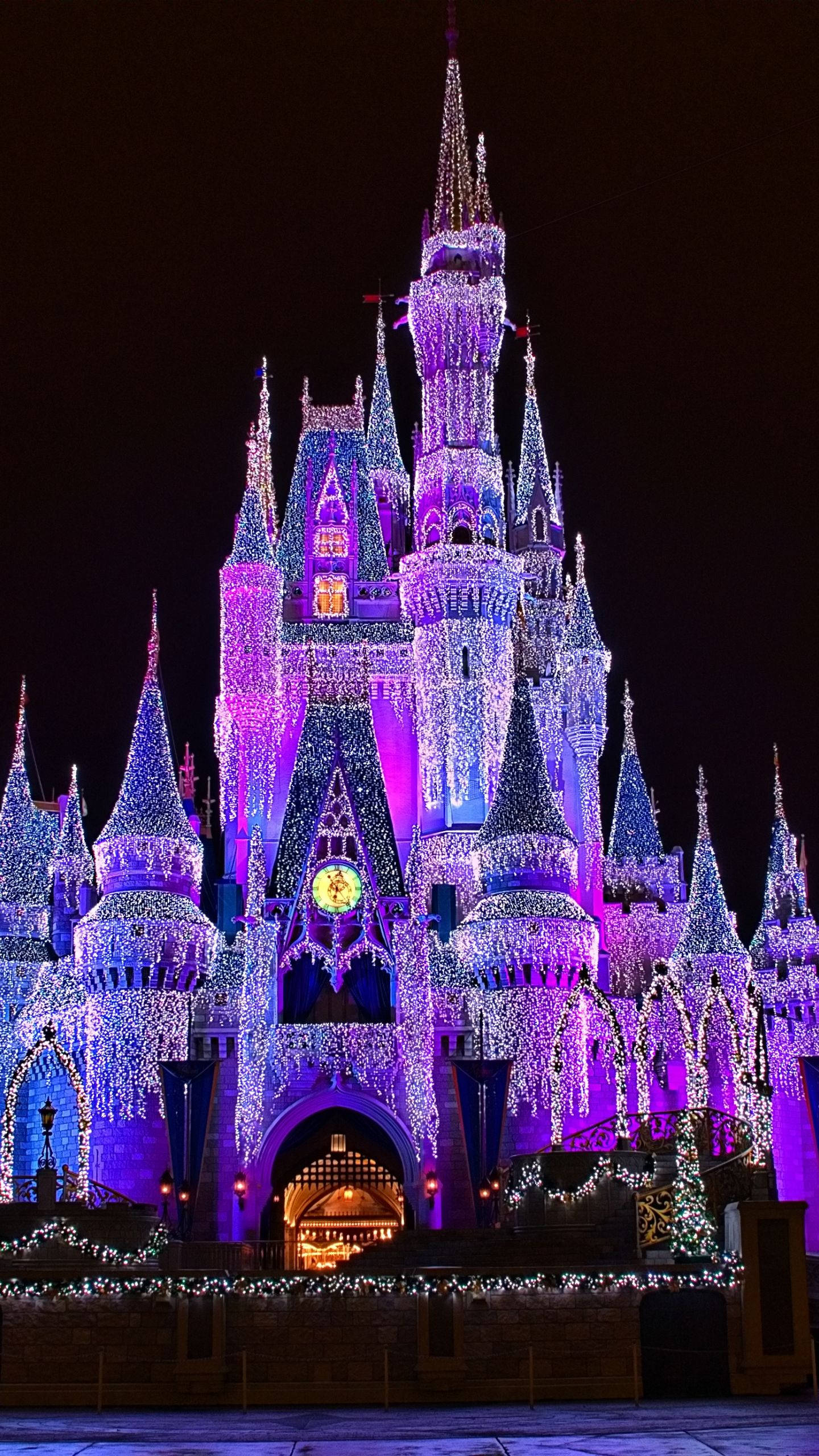 Disney Castle, purple lights, blue lights, 2K Phone Wallpaper