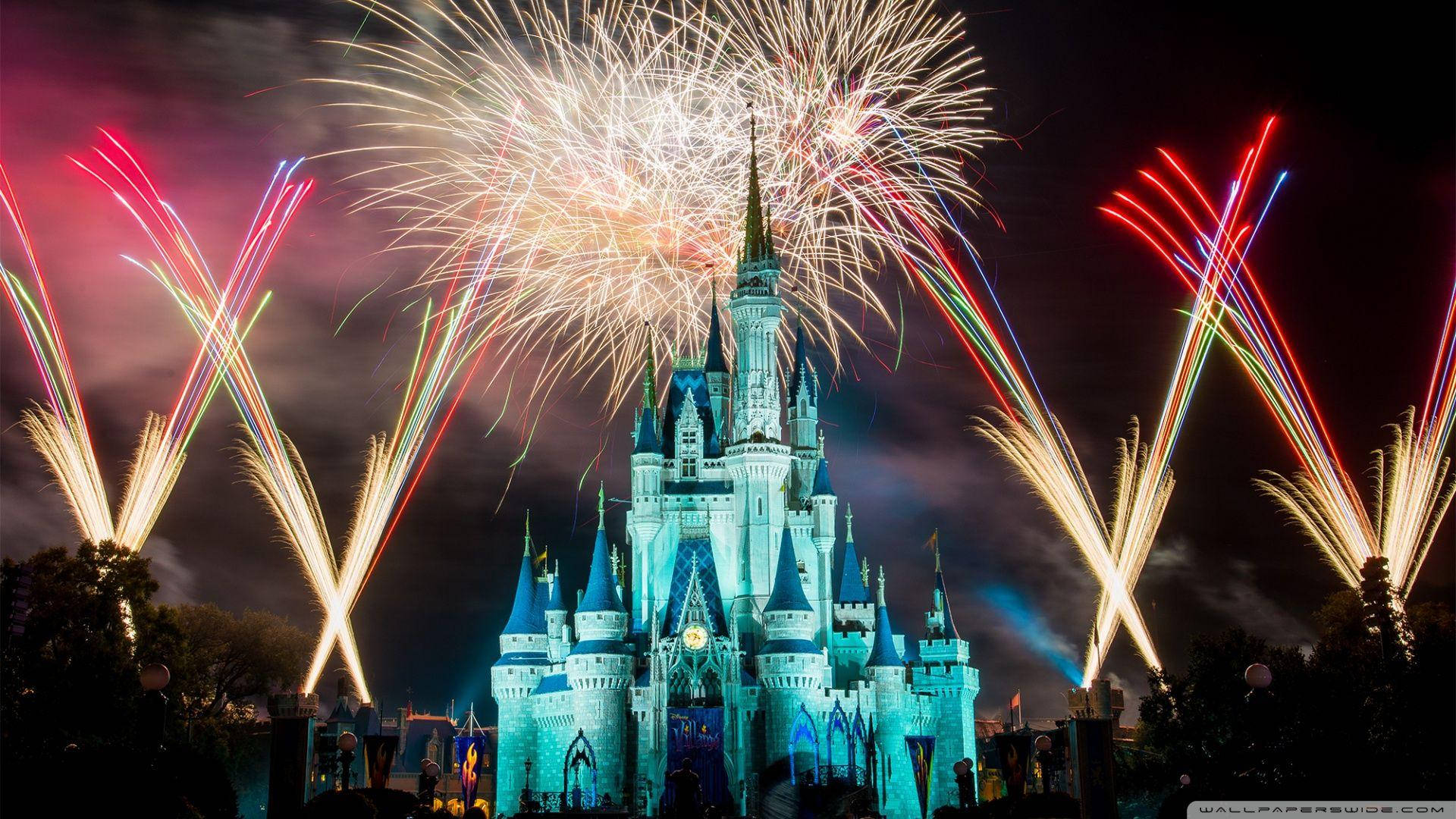 Disney Castle, fireworks display, blue light, Full HD Desktop Wallpaper
