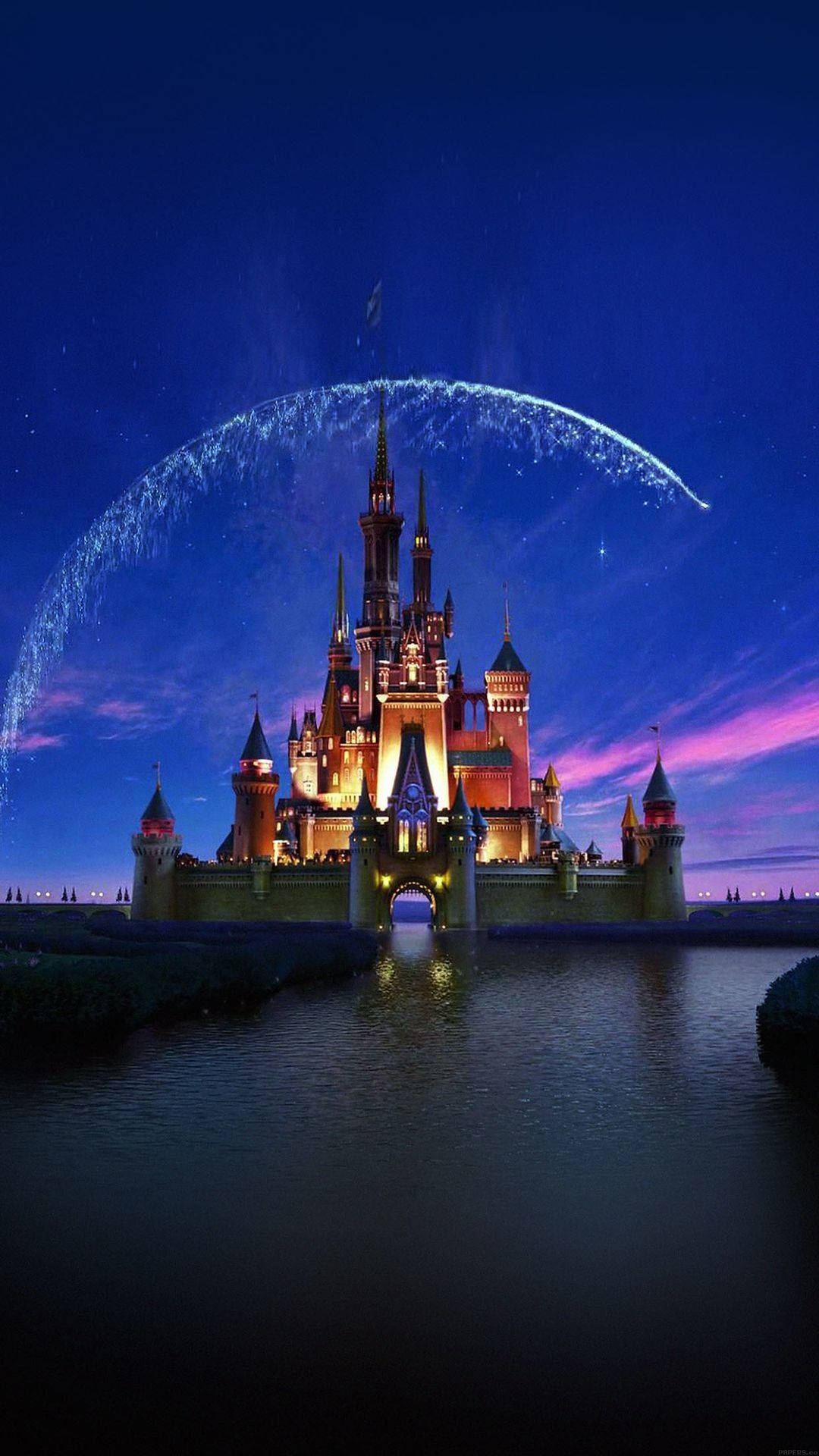 Disney Castle, twilight sky, sparkling arc of light, Full HD Phone Wallpaper