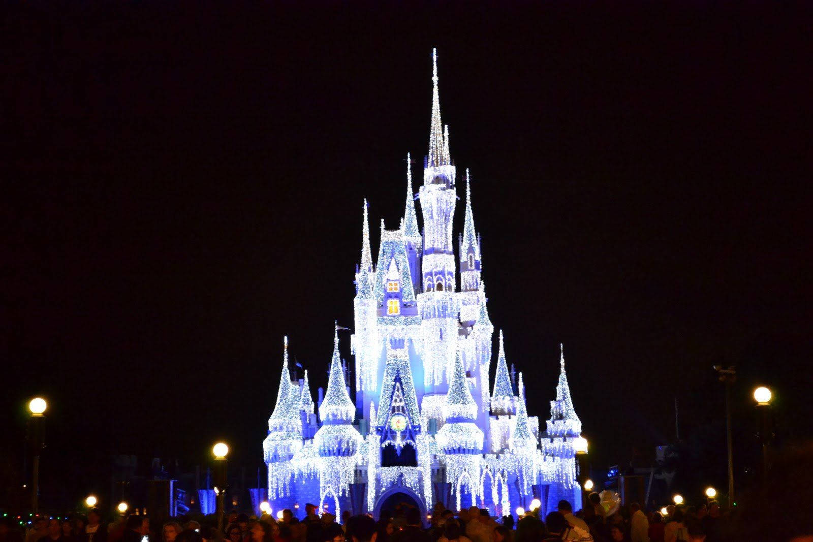Disney Castle, vibrant blue lights, dark night sky, HD Desktop Wallpaper