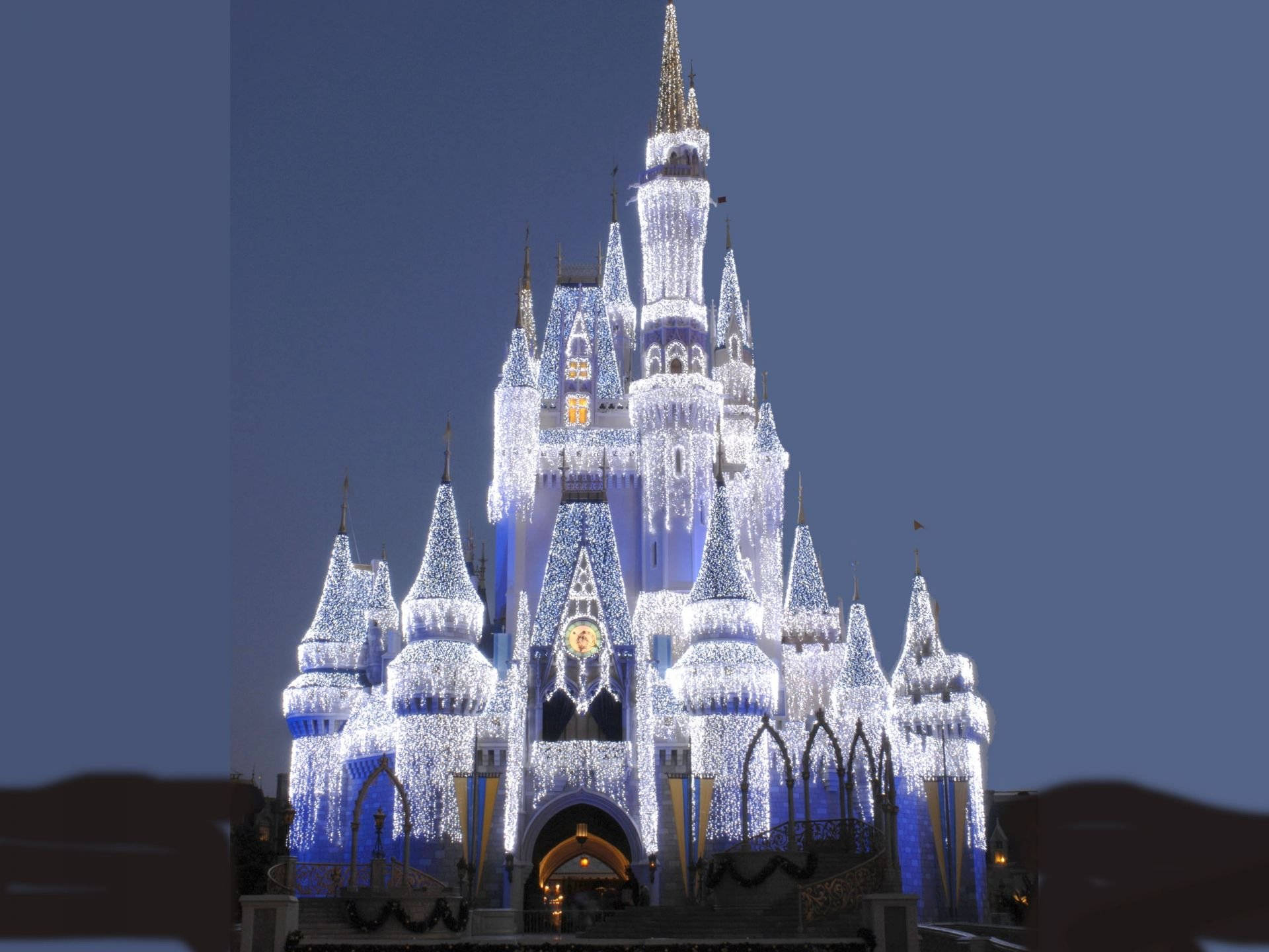 Disney Castle, sparkling white lights, deep blue night sky, Full HD Desktop Wallpaper
