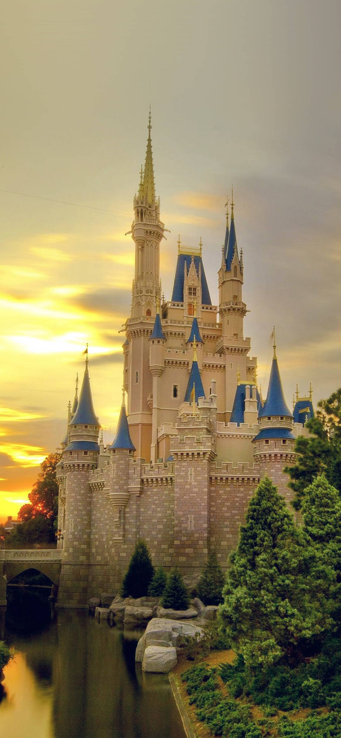 Disney Castle, blue turrets, sunset, Full HD Phone Wallpaper