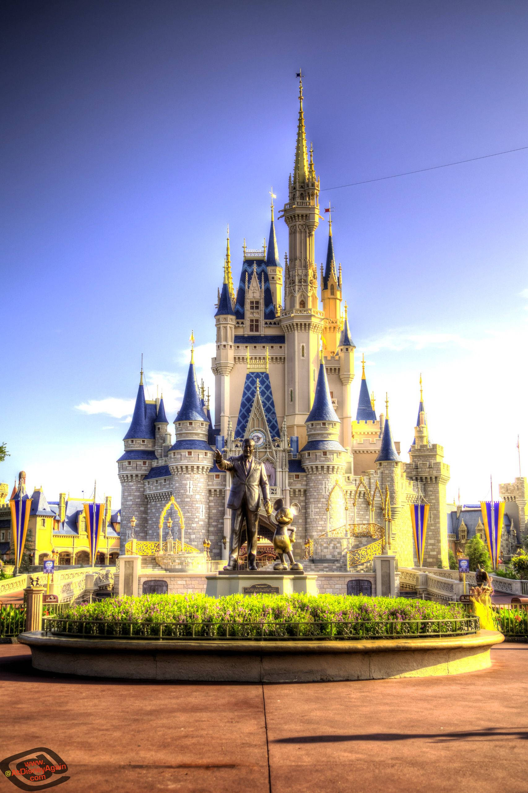 Disney Castle, blue roofs, golden spires, 2K Phone Wallpaper