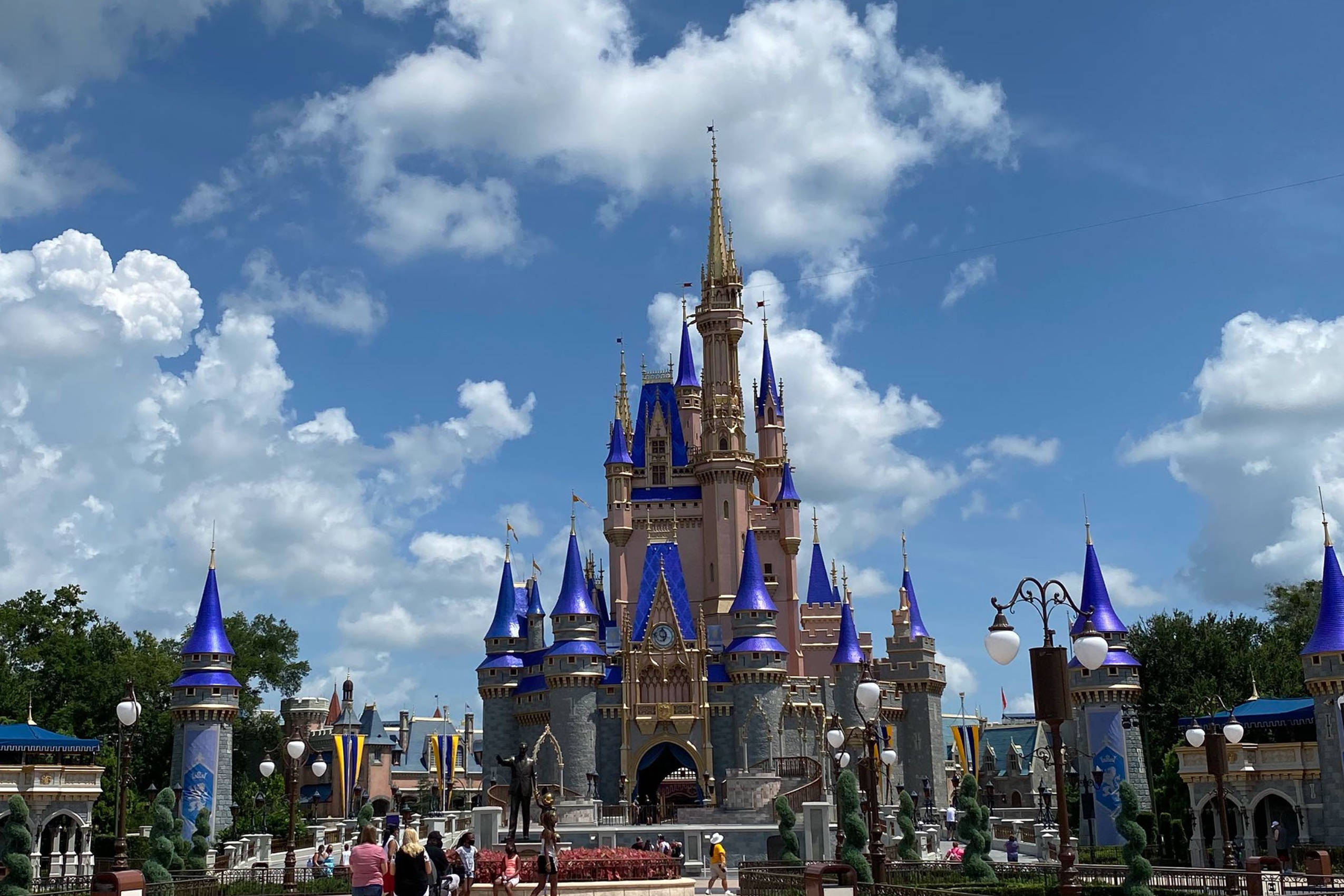 Disney Castle, blue spires, golden accents, Full HD Desktop Wallpaper