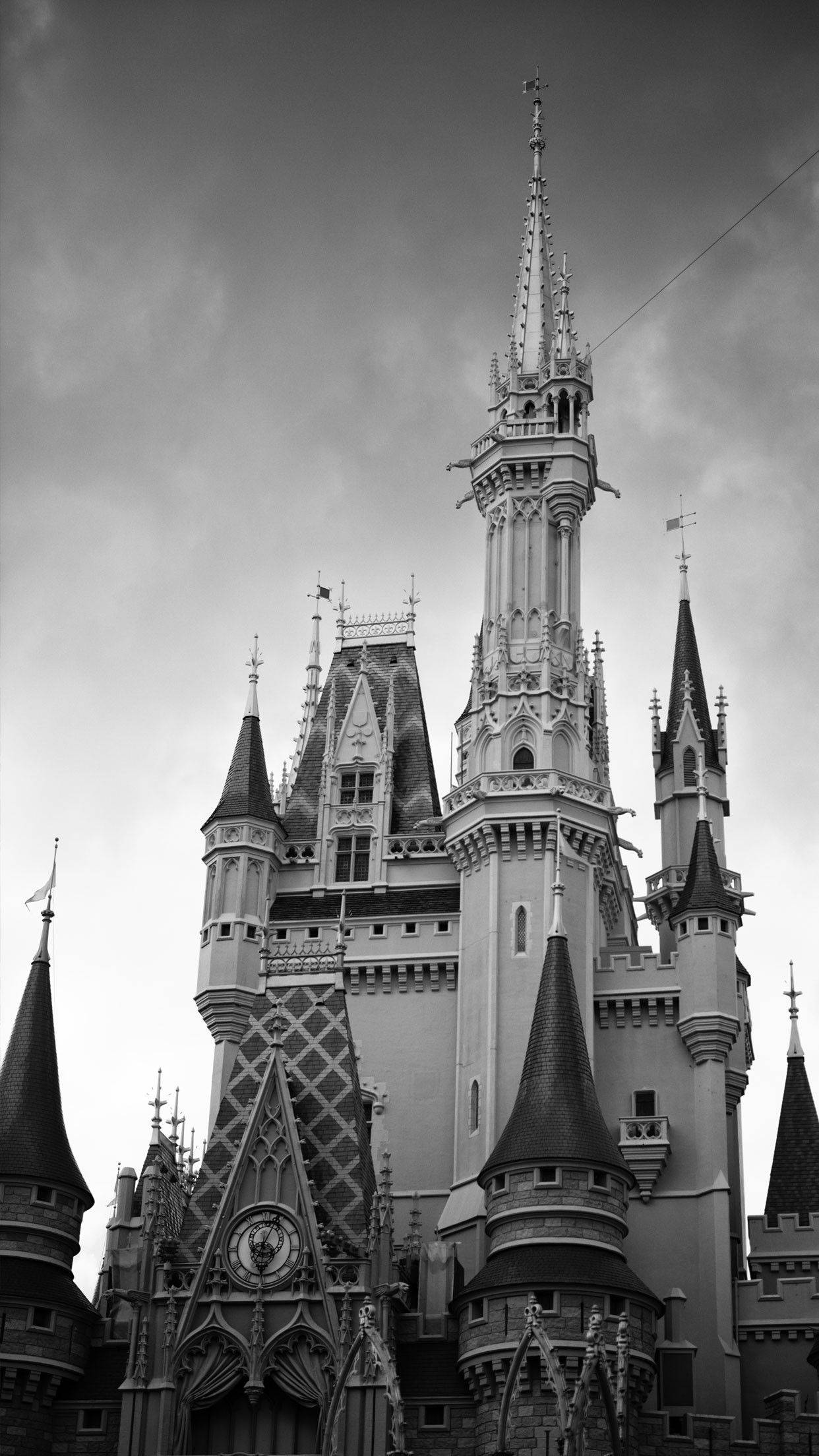 Disney Castle, black and white, low angle shot, Full HD Phone Wallpaper