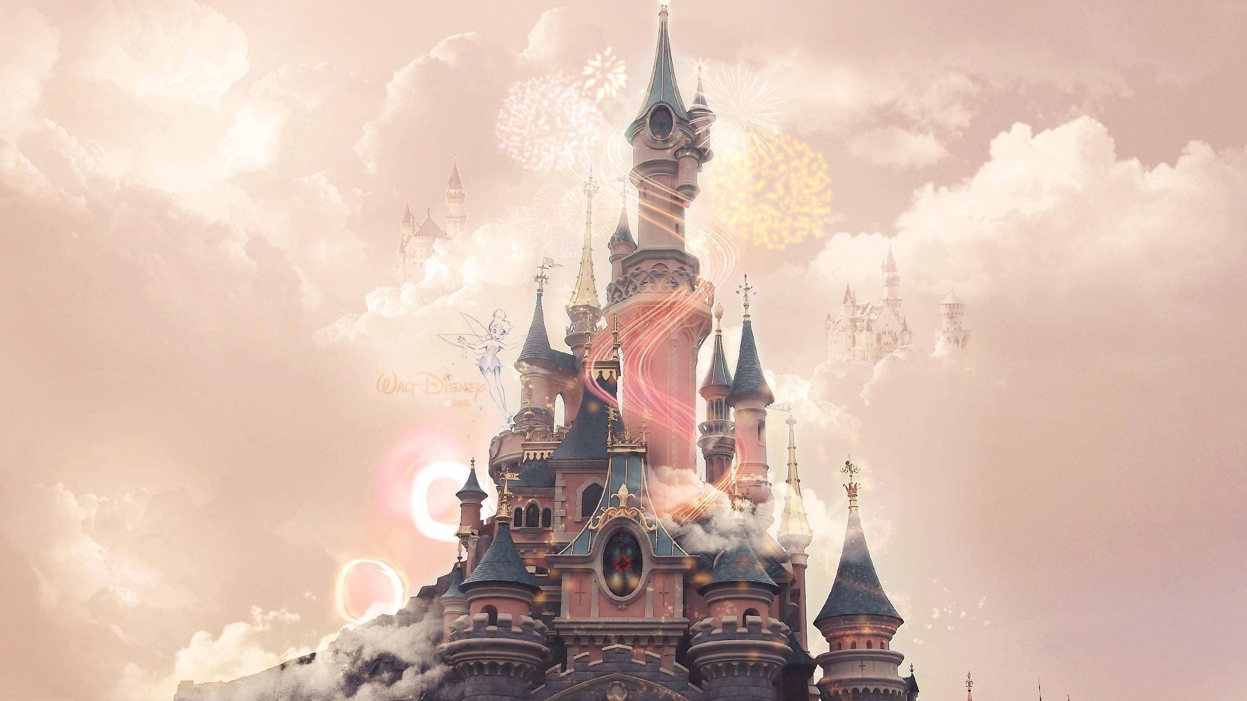 Disney Castle, pastel sky, glowing fireworks, 2K Desktop Wallpaper