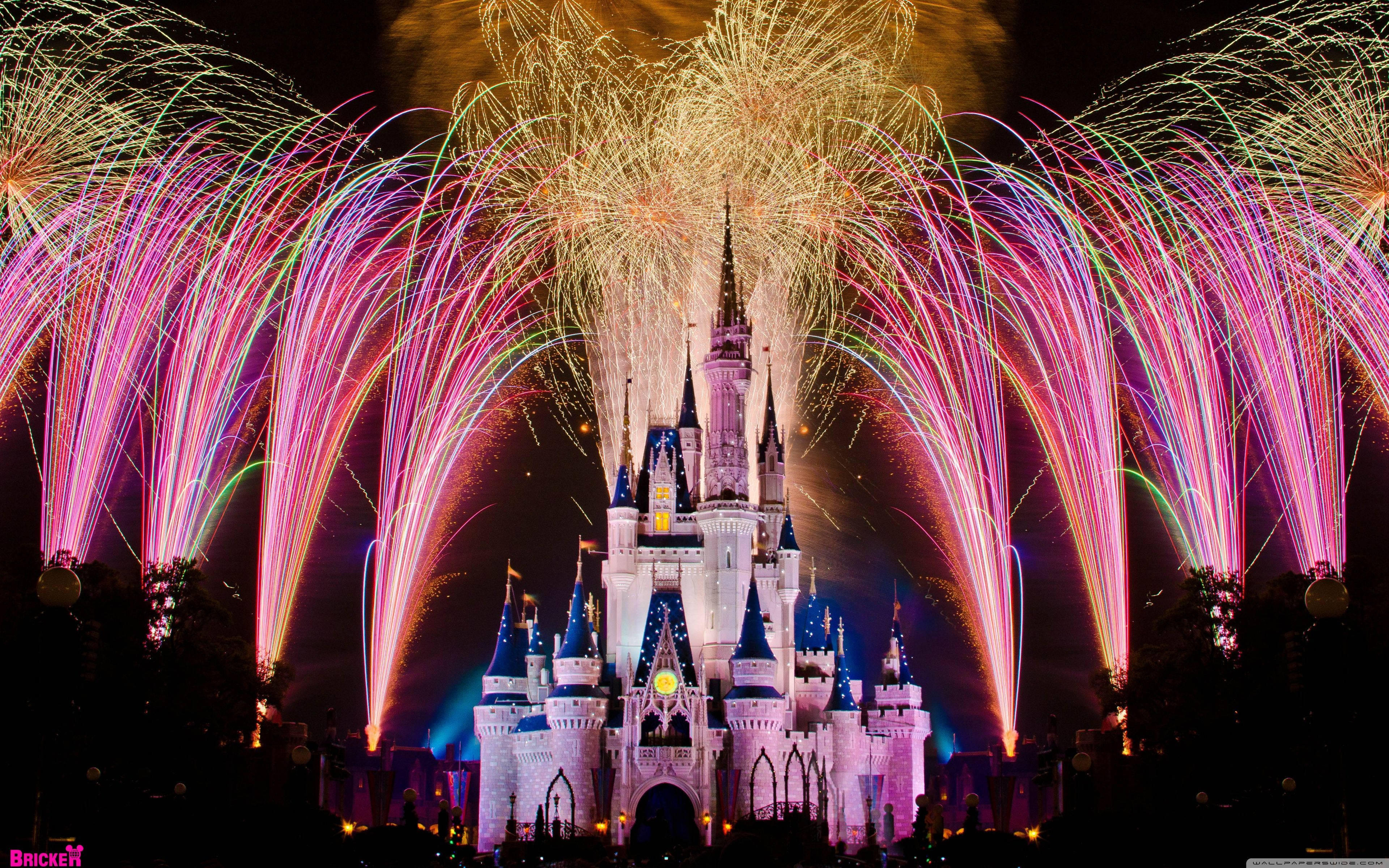 Disney Castle, fireworks, pink, 4K Desktop Wallpaper