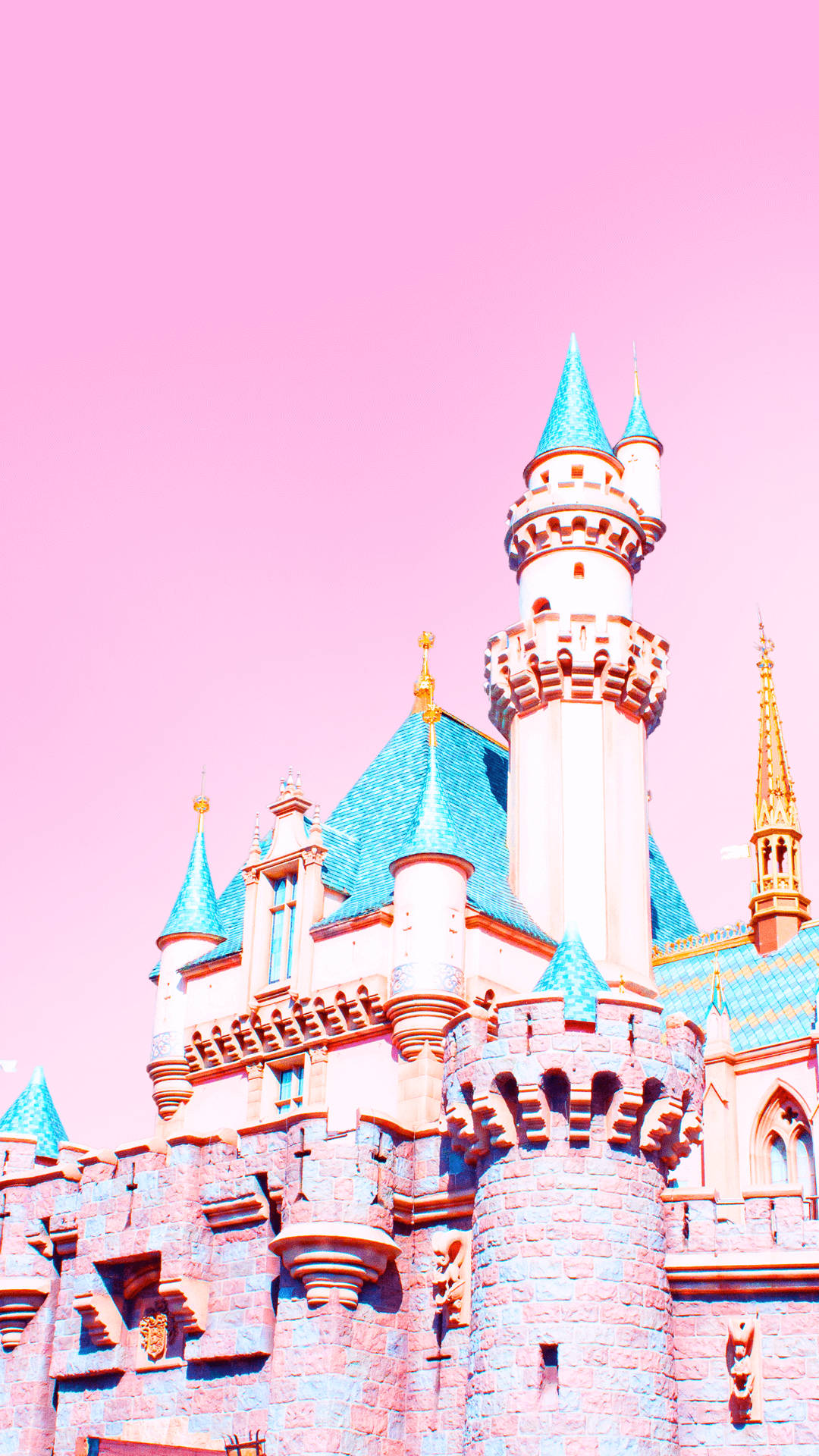 Pink Disney Castle, pink color, blue turrets, Full HD Phone Wallpaper