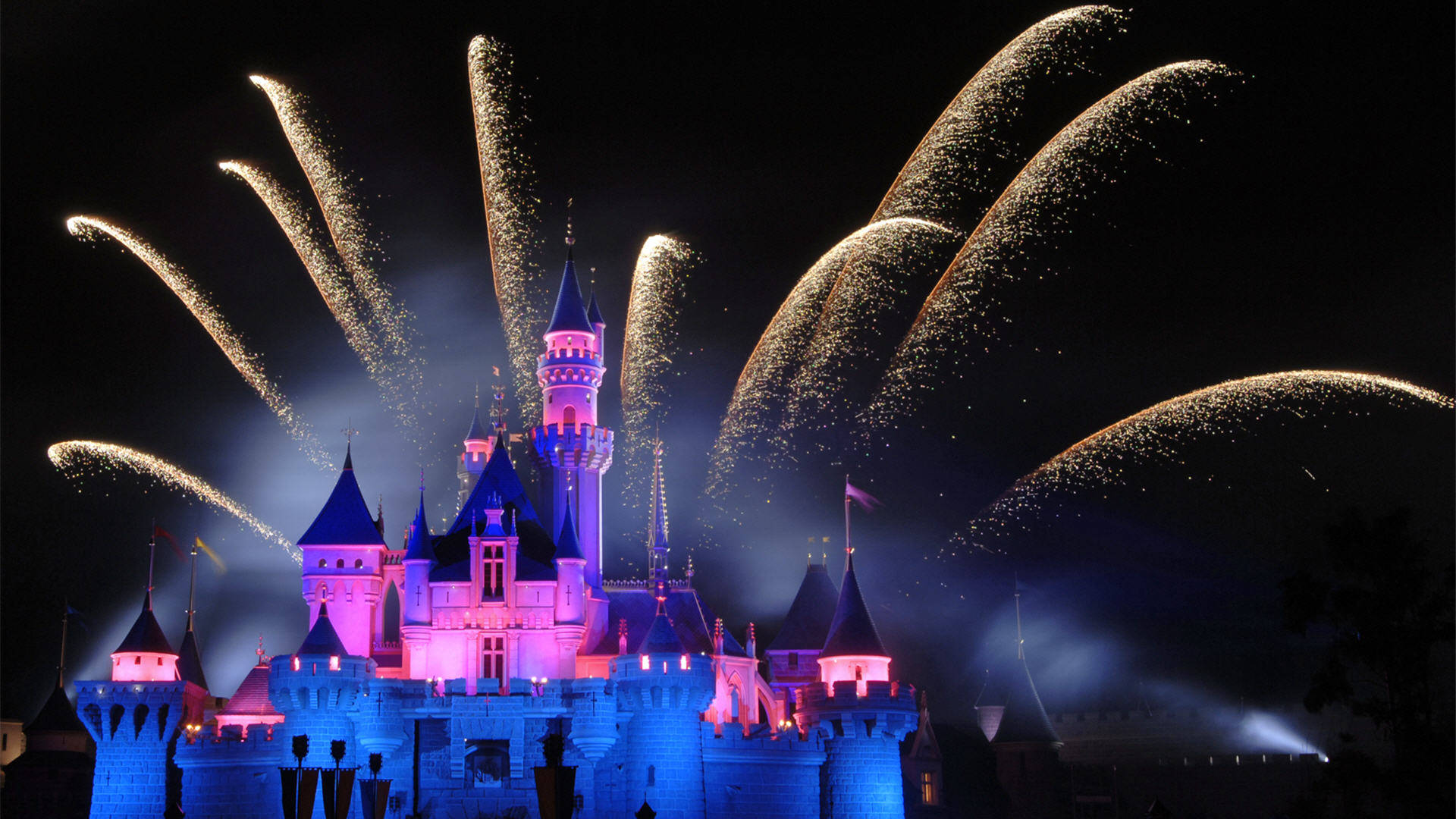 Disney Castle, fireworks display, pink and blue lights, Full HD Desktop Wallpaper