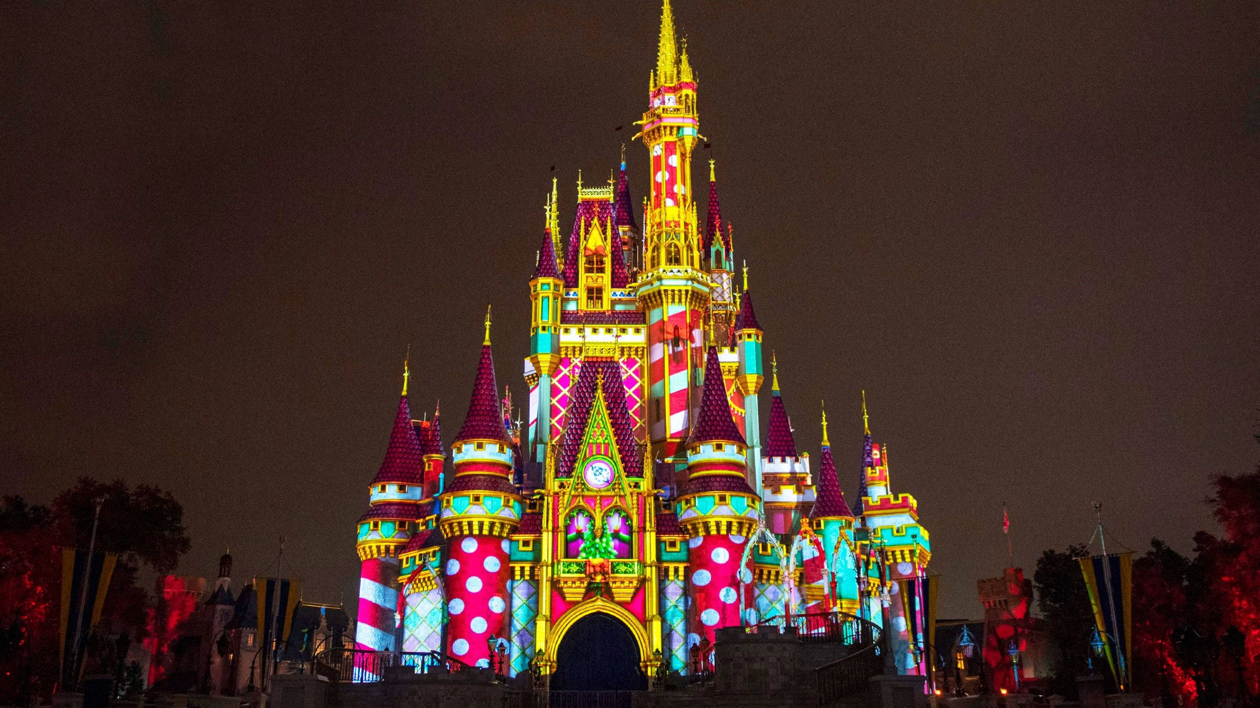 Disney Castle, colorful lights, vibrant polka dots, 2K Desktop Wallpaper