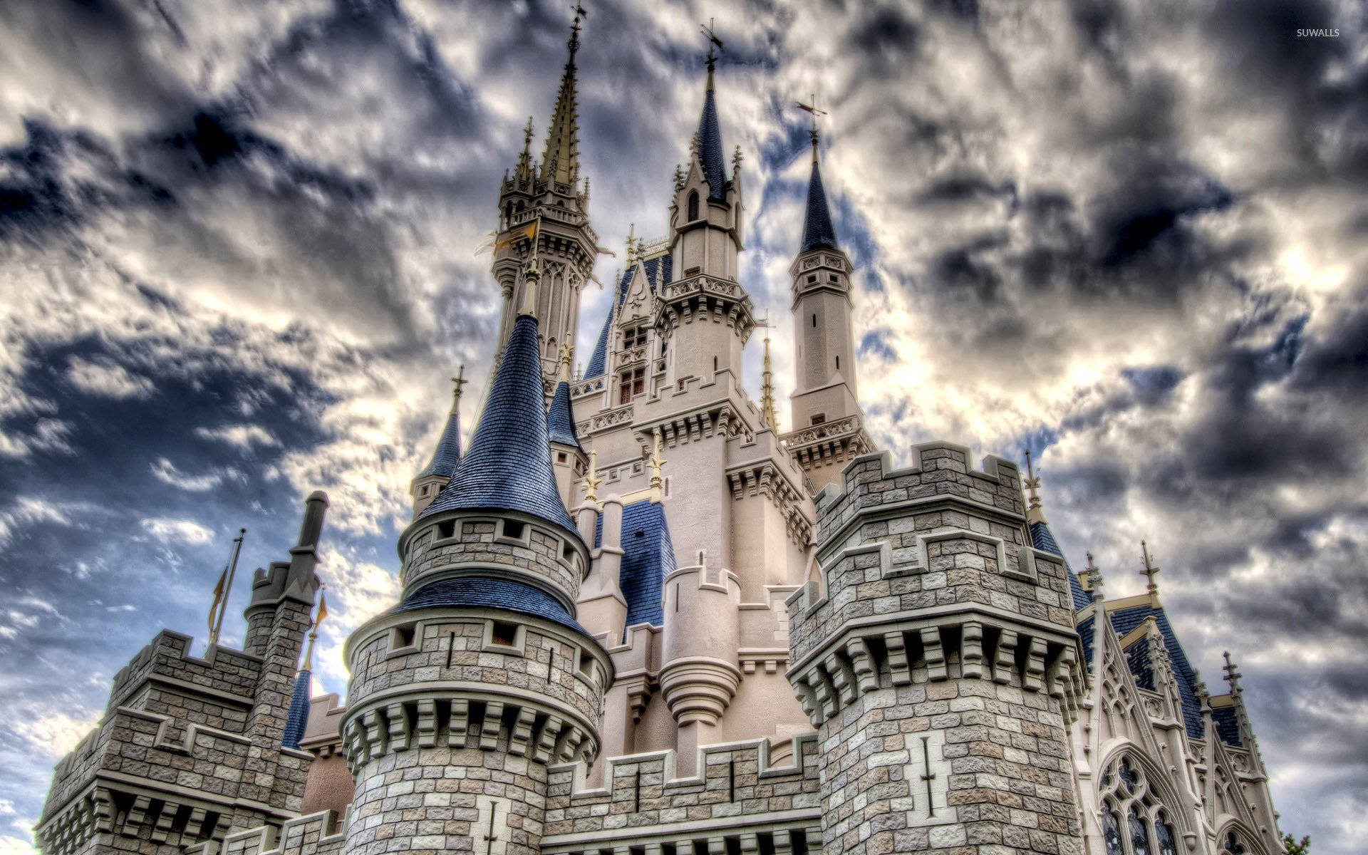 Disney Castle, cloudy sky, blue tiled roofs, Full HD Desktop Wallpaper