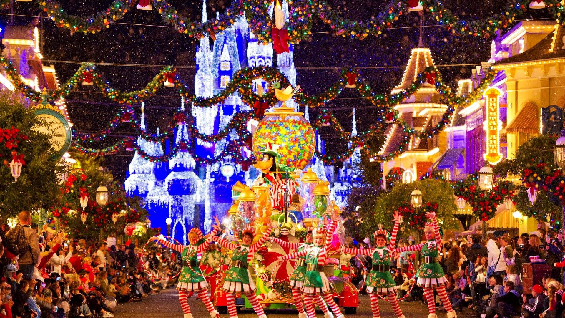 Disney Christmas, nighttime parade, elves dancing, Full HD Desktop Wallpaper