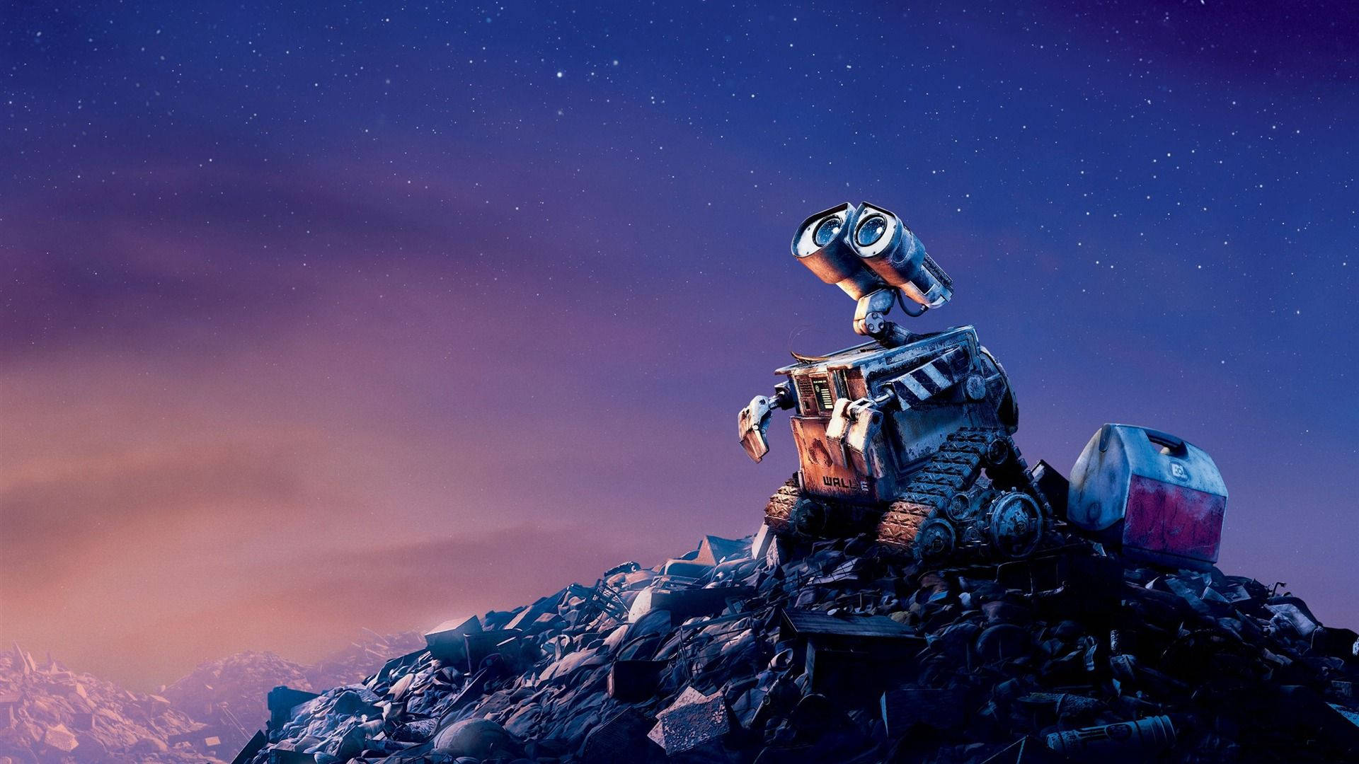 Wall-E, mountain of trash, starry twilight sky, Full HD Desktop Wallpaper