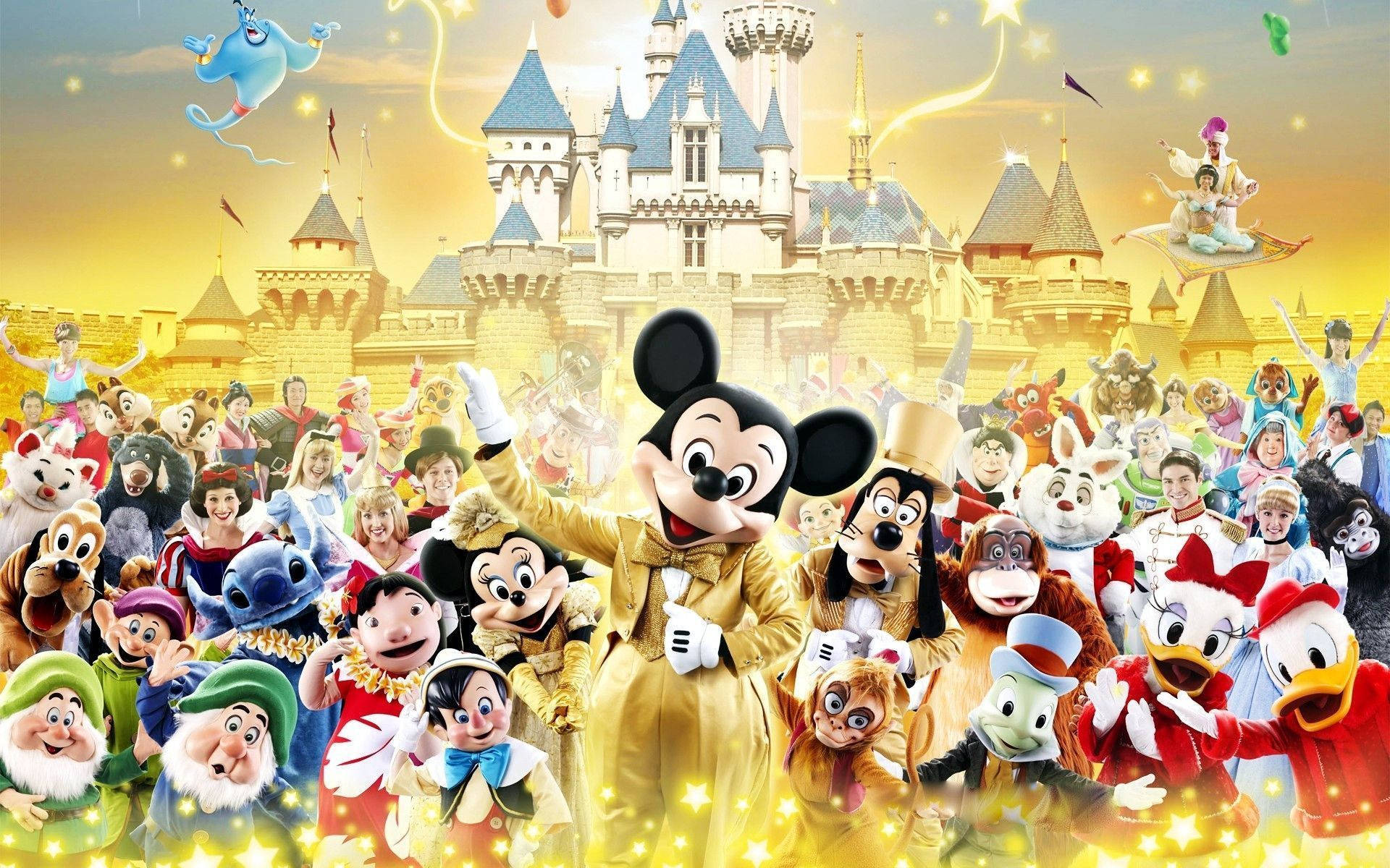 Disney characters, majestic castle, sparkling sky, Full HD Desktop Wallpaper