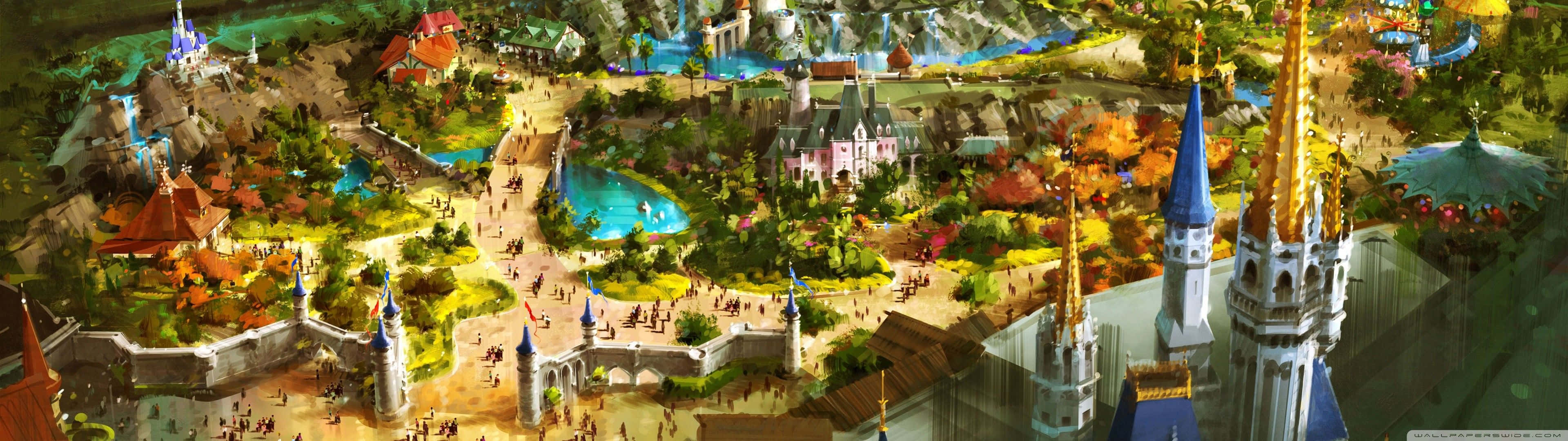 Disney Dual Screen, fantasy theme park, colorful castles, 4K Desktop Wallpaper
