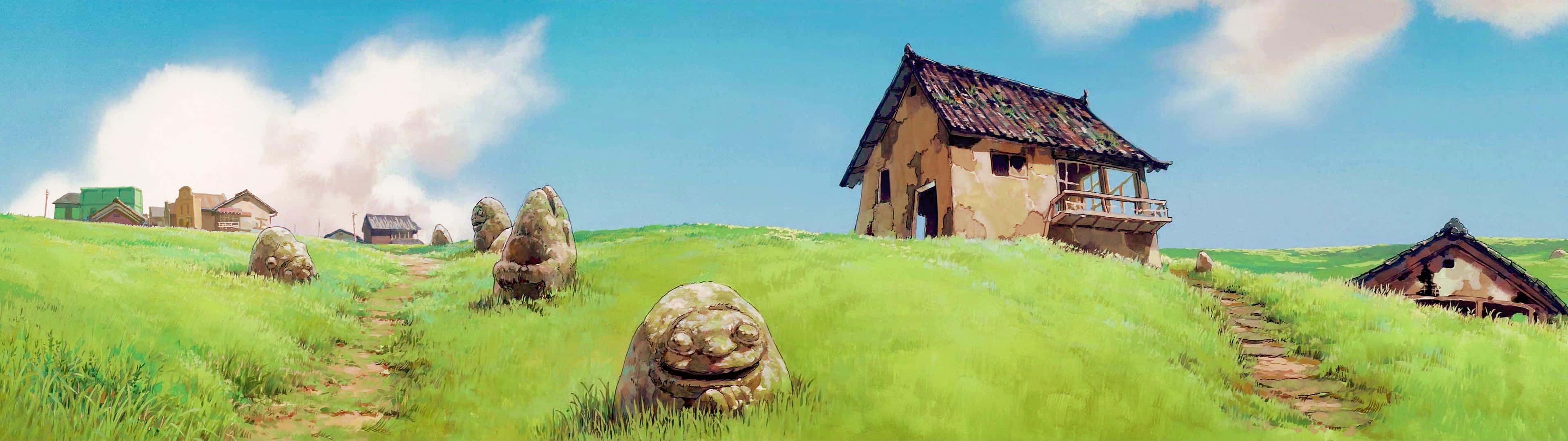 Disney Dual Screen, wooden house, vibrant green hillside, 4K Desktop Wallpaper