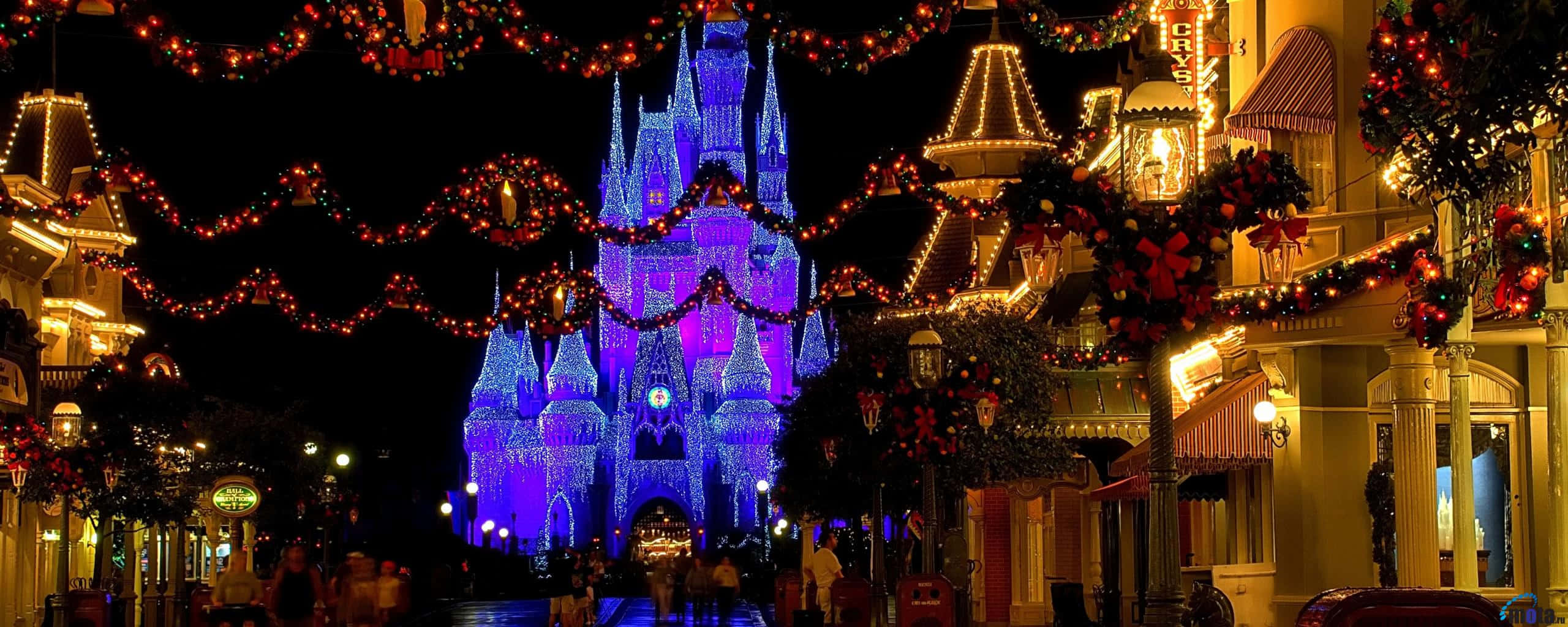 Disney Dual Screen, blue lights, grand castle, 2K Desktop Wallpaper