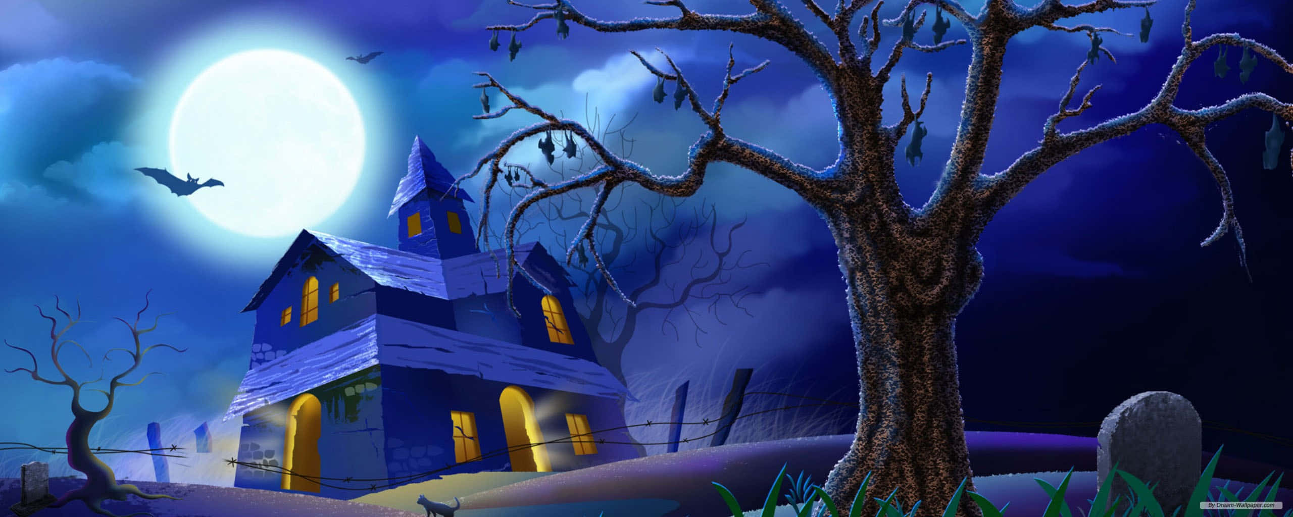Disney Dual Screen, haunted house, full moon, 2K Desktop Wallpaper