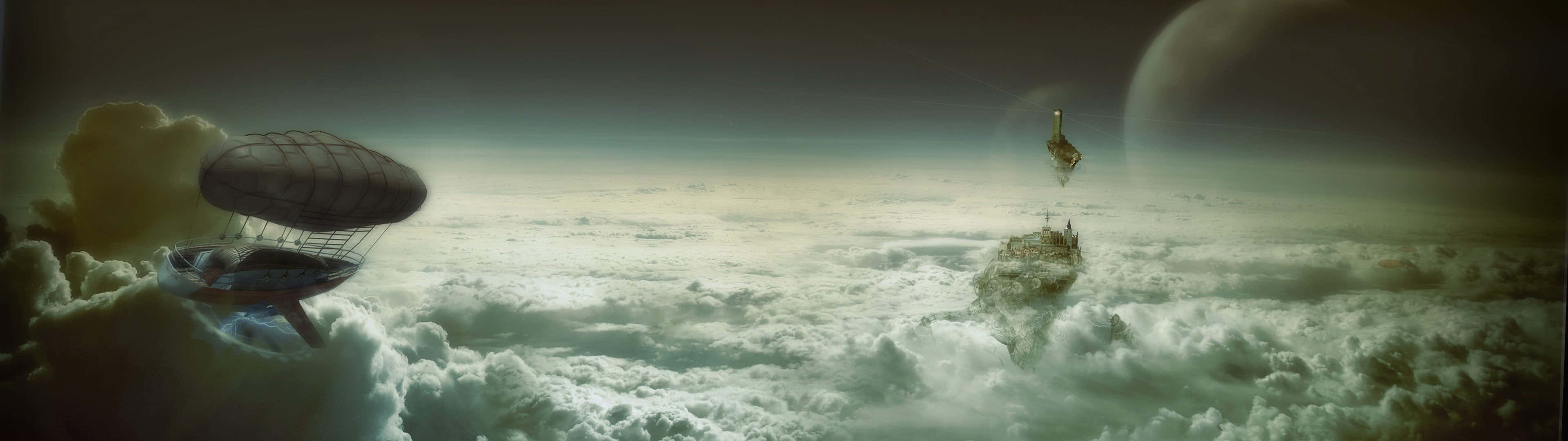 Disney Dual Screen, steampunk airship, floating island, 4K Desktop Wallpaper