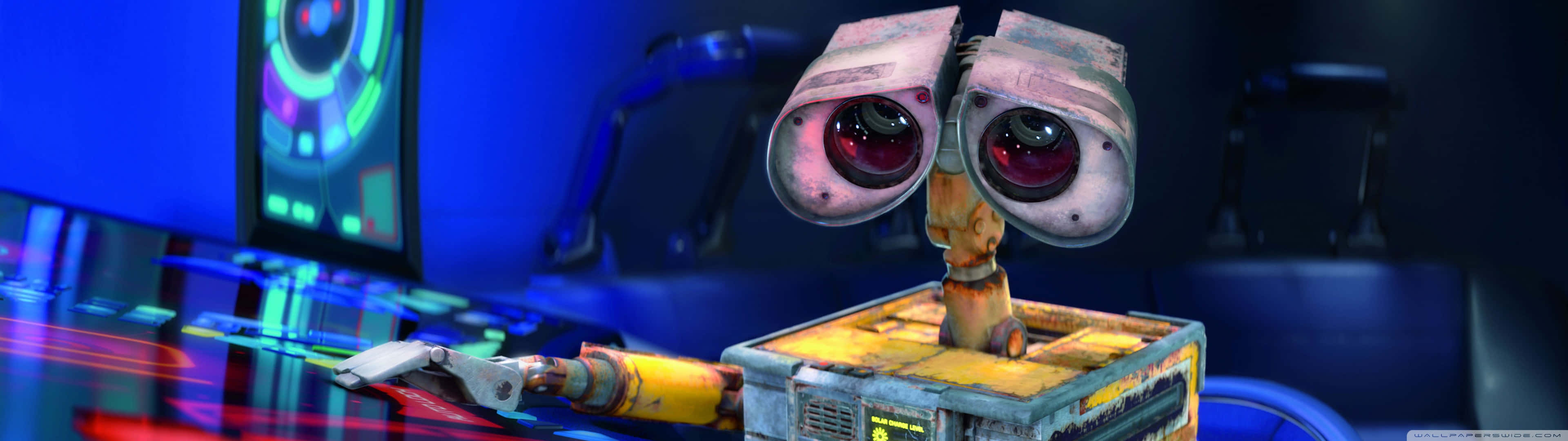 Wall-E, futuristic blue-lit control room, Disney Dual Screen, 4K Desktop Wallpaper