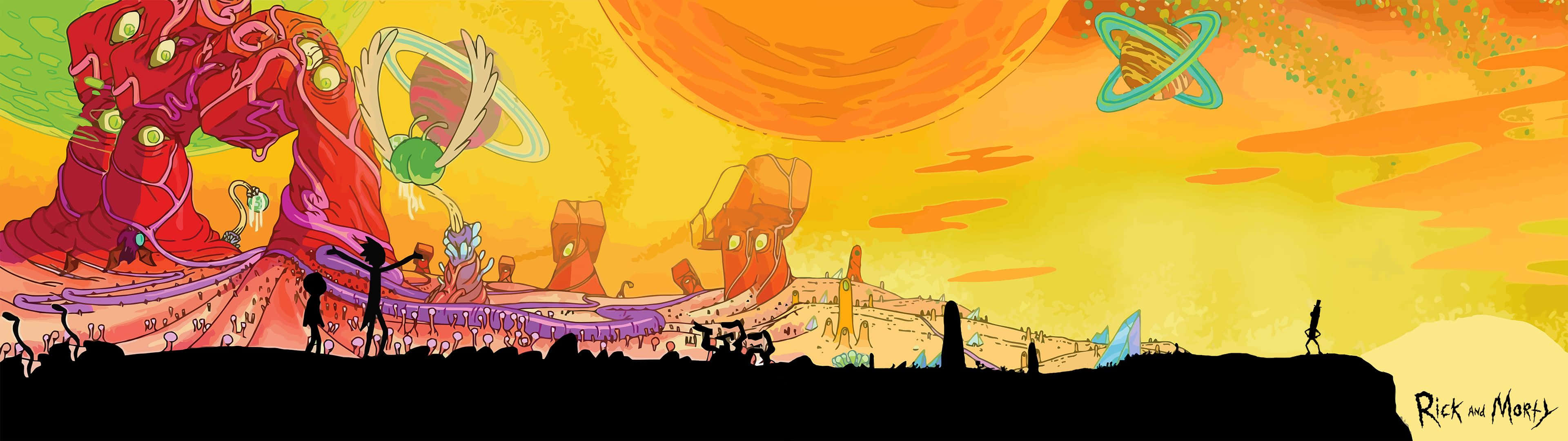 Disney Dual Screen, surreal alien landscape, giant red creatures, 4K Desktop Wallpaper
