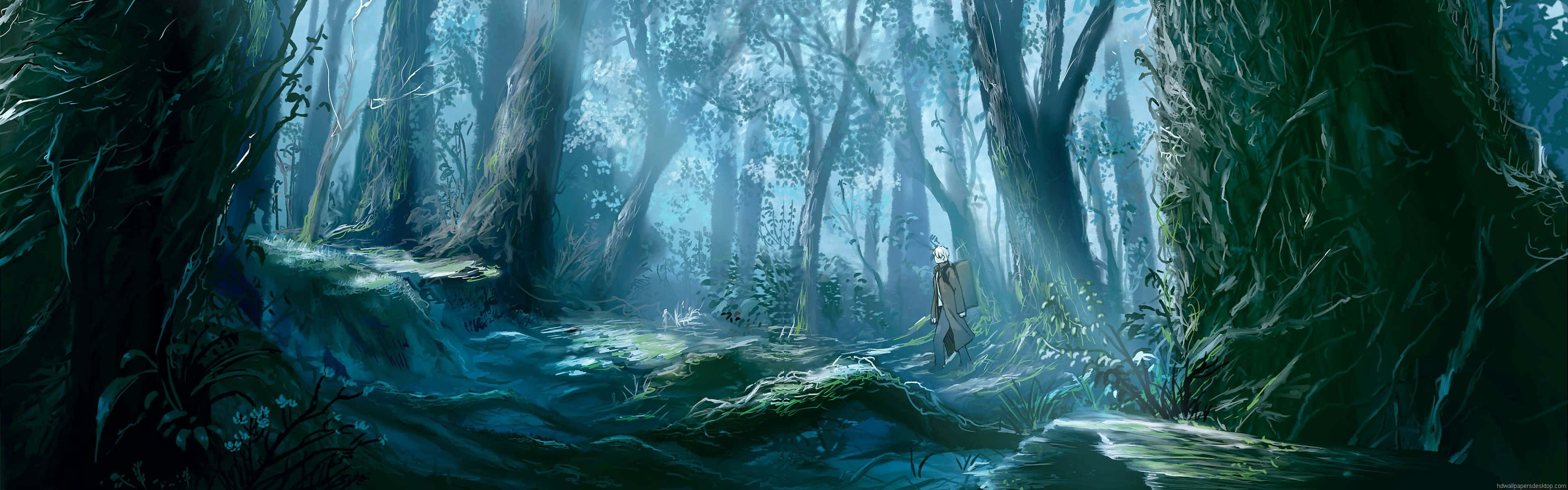 Disney Dual Screen, misty enchanted forest, towering trees, 4K Desktop Wallpaper