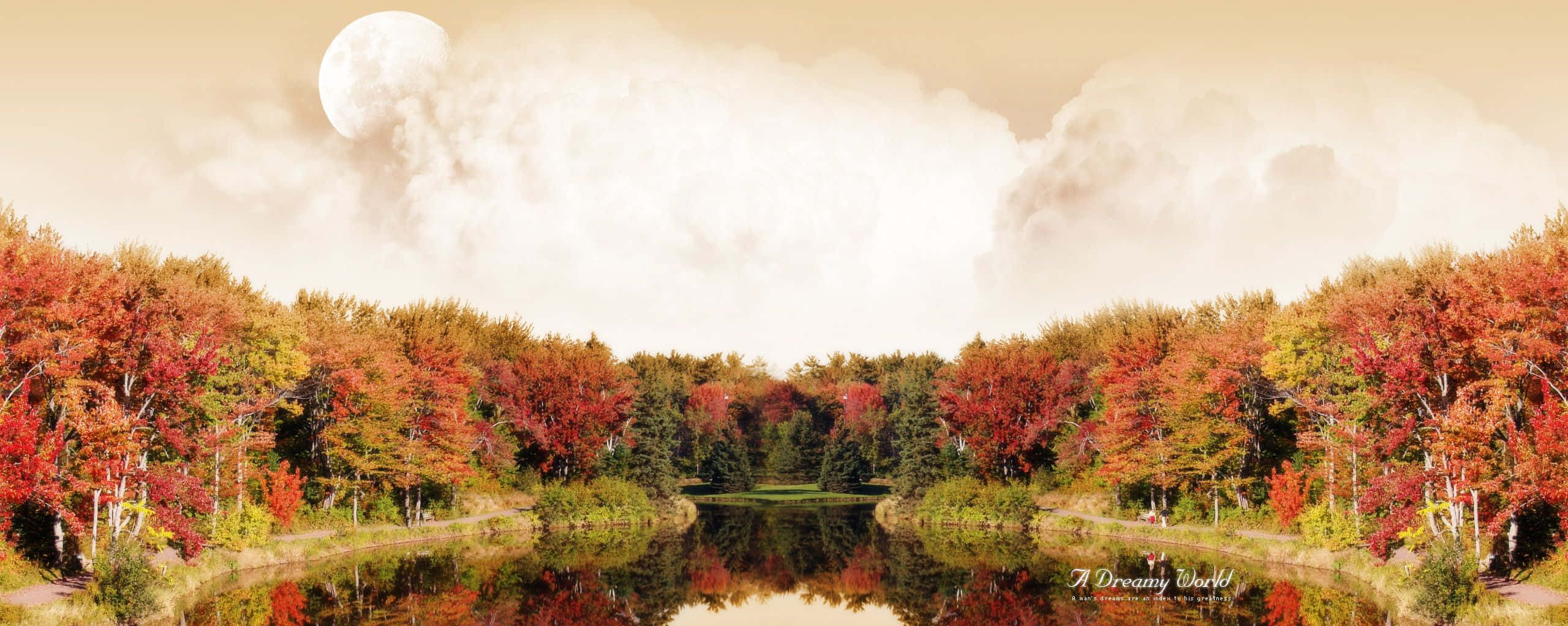 Disney Dual Screen, autumn lake, fiery red and gold trees, 2K Desktop Wallpaper
