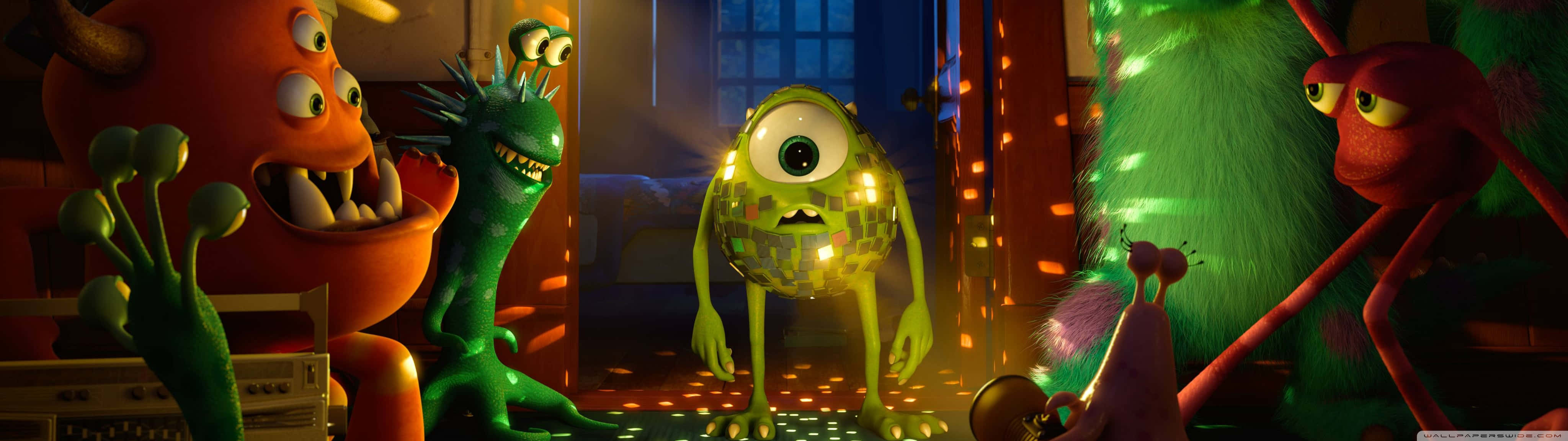 Disney Dual Screen, animated monsters, disco lights, 4K Desktop Wallpaper