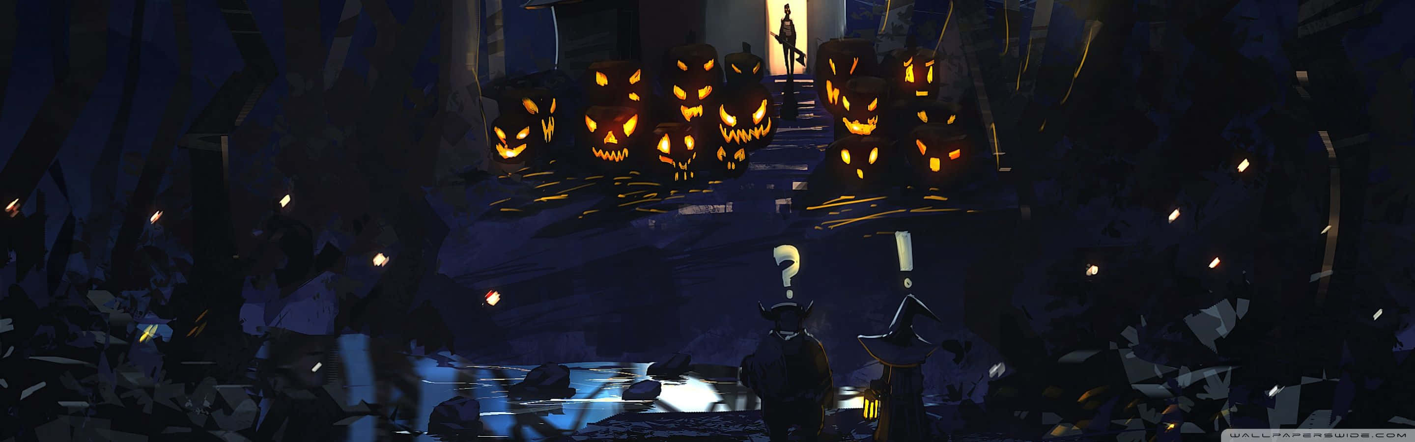 Disney Dual Screen, jack-o'-lanterns, moonlit sky, 2K Desktop Wallpaper