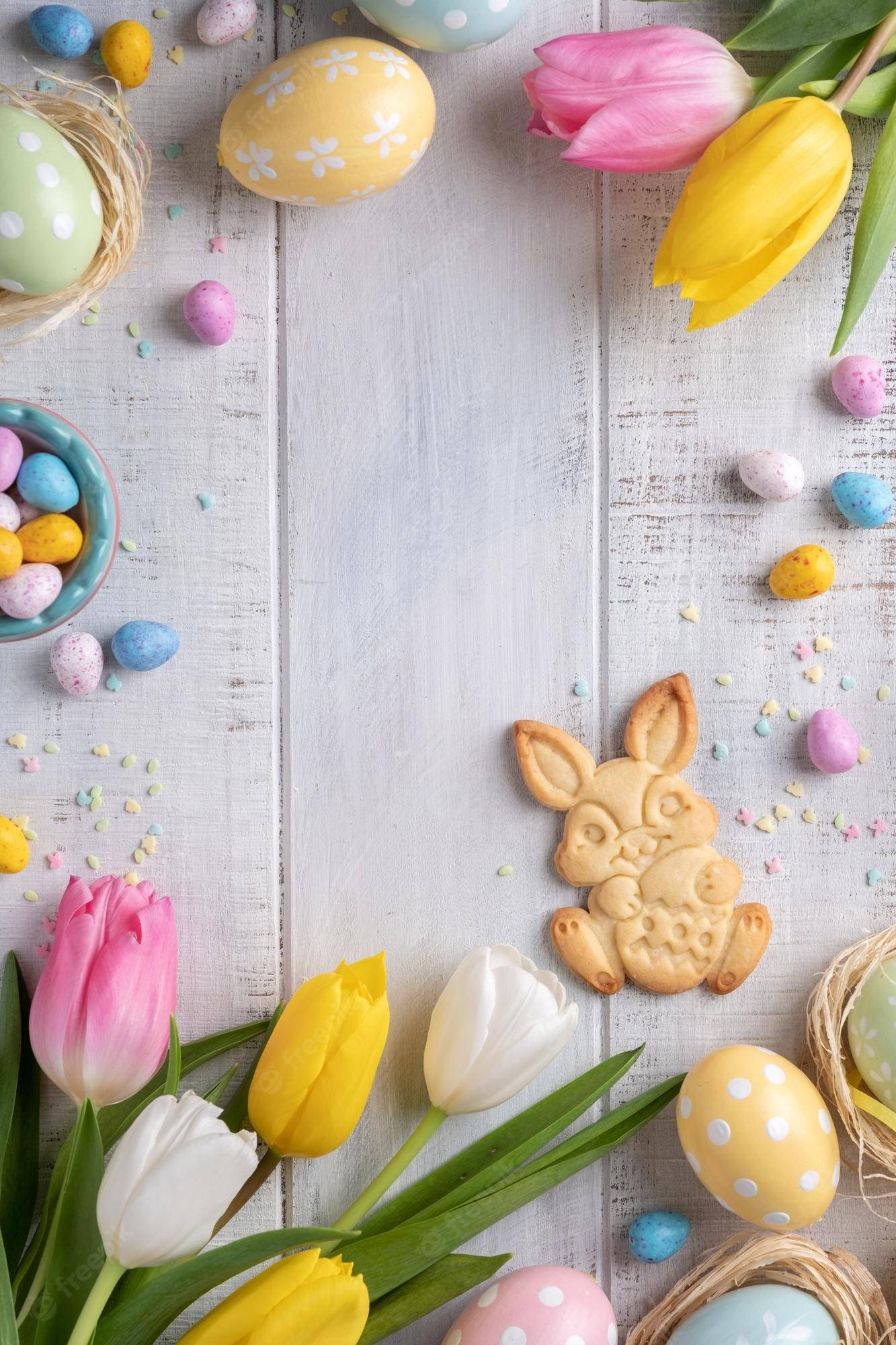 Easter, tulips, bunny cookie, Full HD Phone Wallpaper