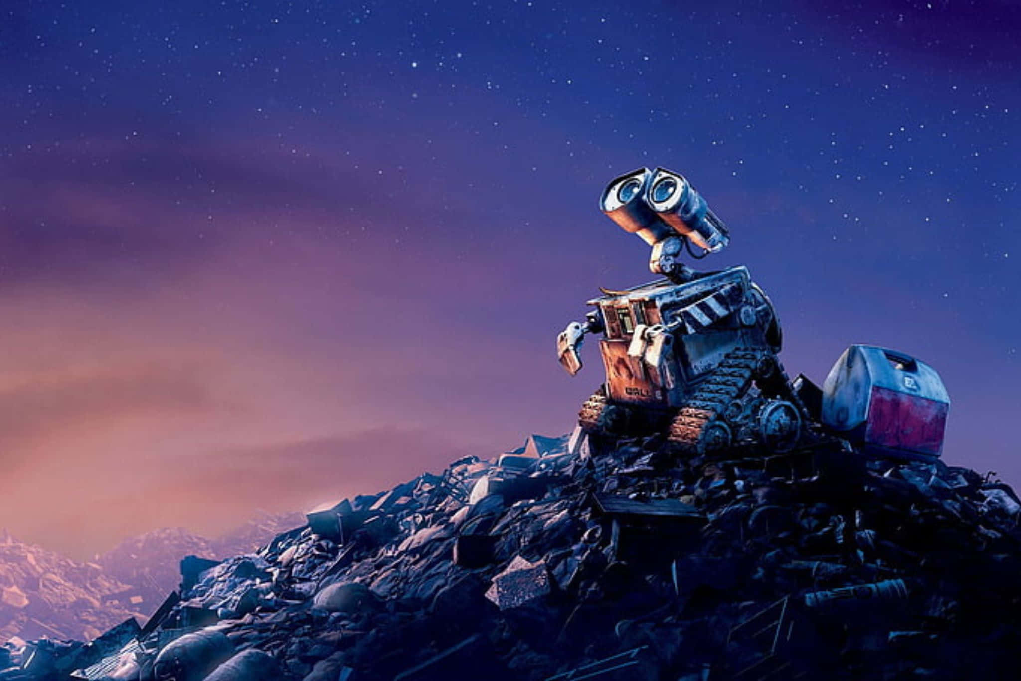 Wall-E, starry twilight sky, mountain of trash, Full HD Desktop Wallpaper