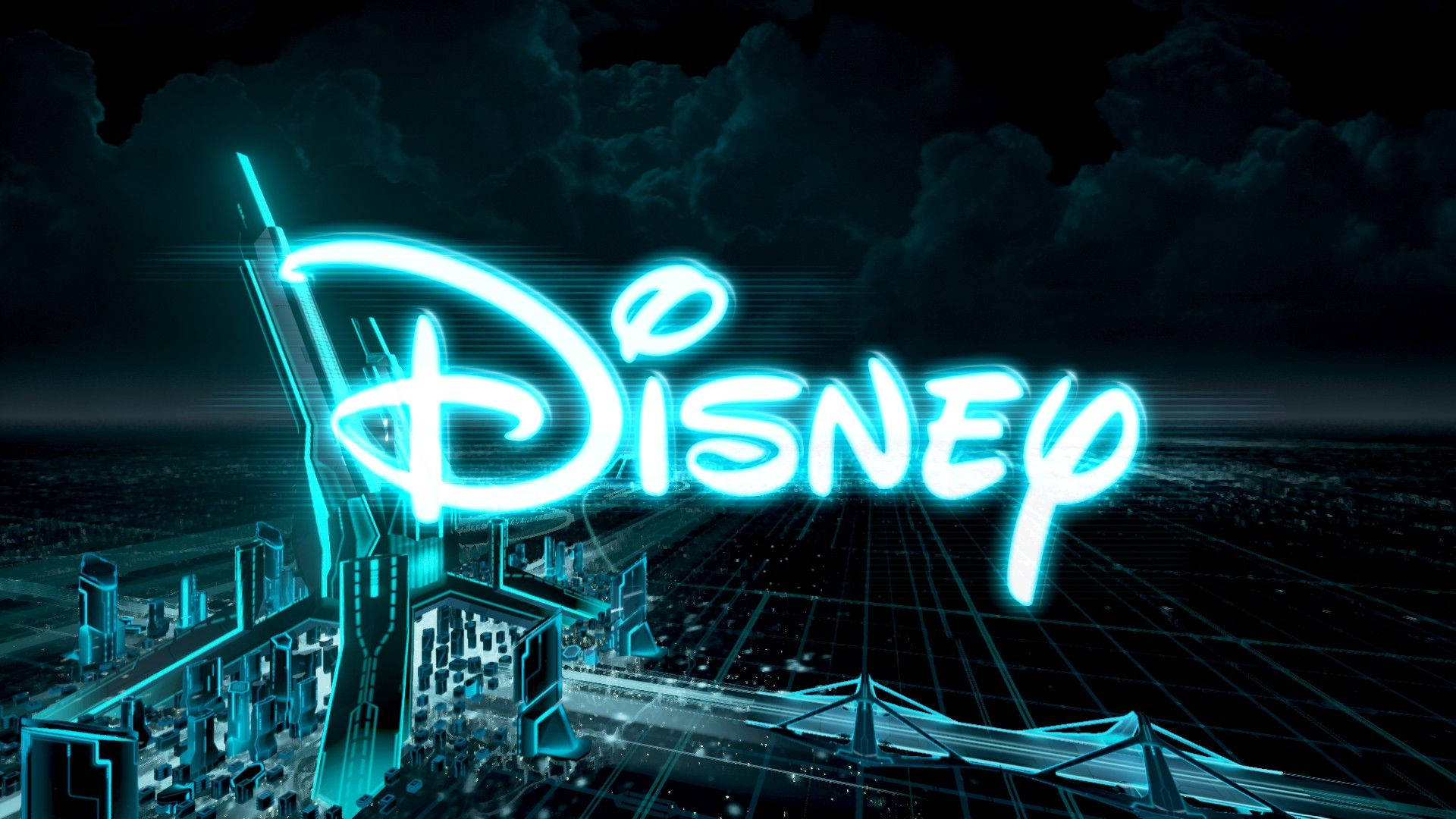 Disney logo, cyan neon light, futuristic cityscape, Full HD Desktop Wallpaper