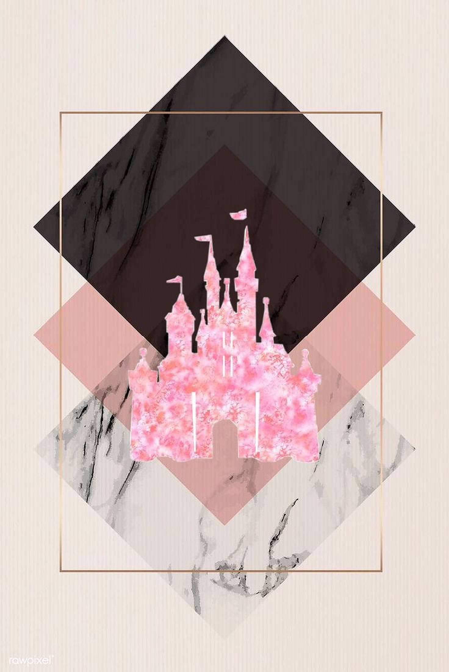 Disney logo, pink aesthetic, marble-textured castle silhouette, Full HD Phone Wallpaper