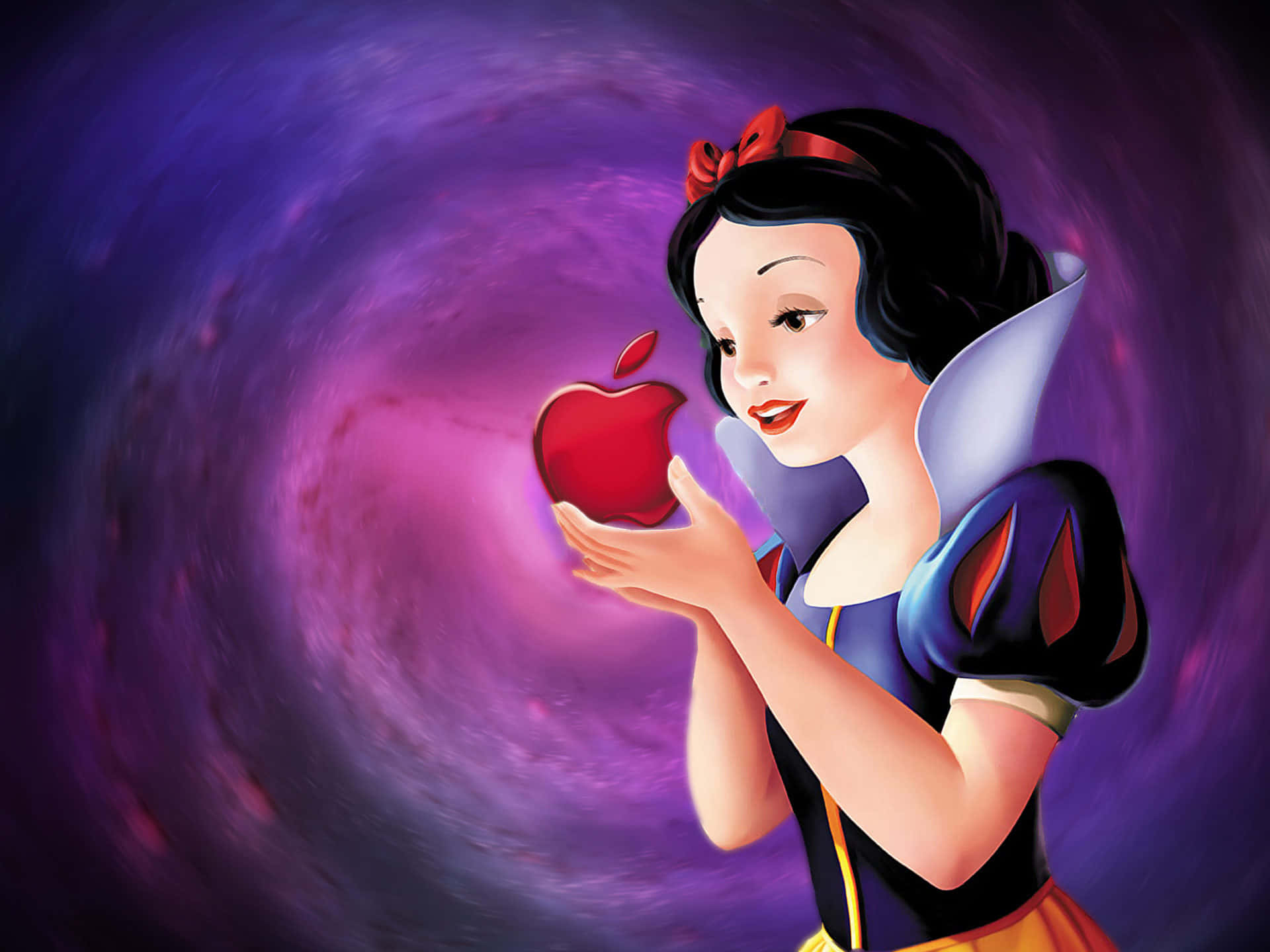 Snow White, glowing red apple, swirling purple cosmic vortex, Full HD Desktop Wallpaper