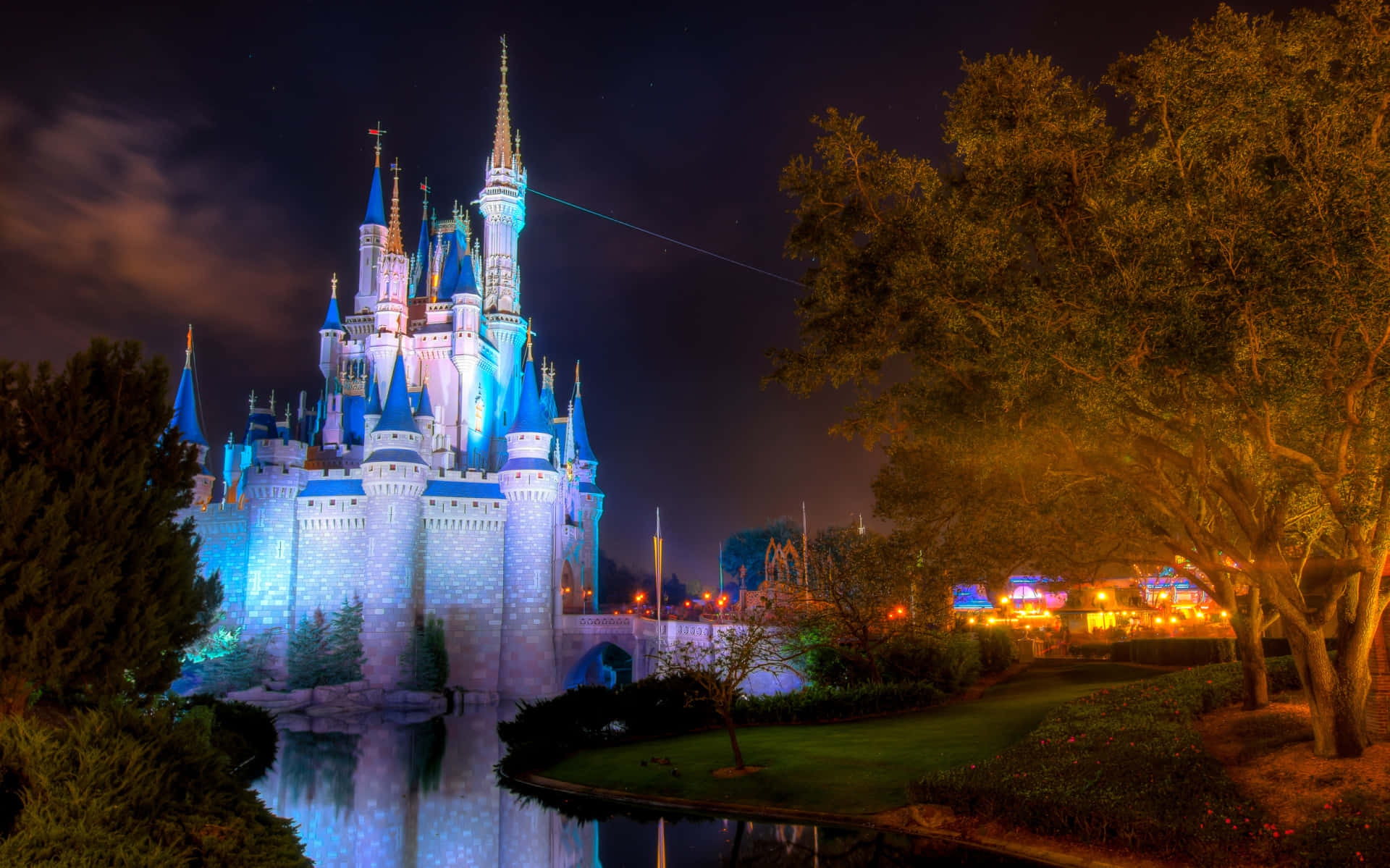 Disney Mac, castle, blue lights, Full HD Desktop Wallpaper
