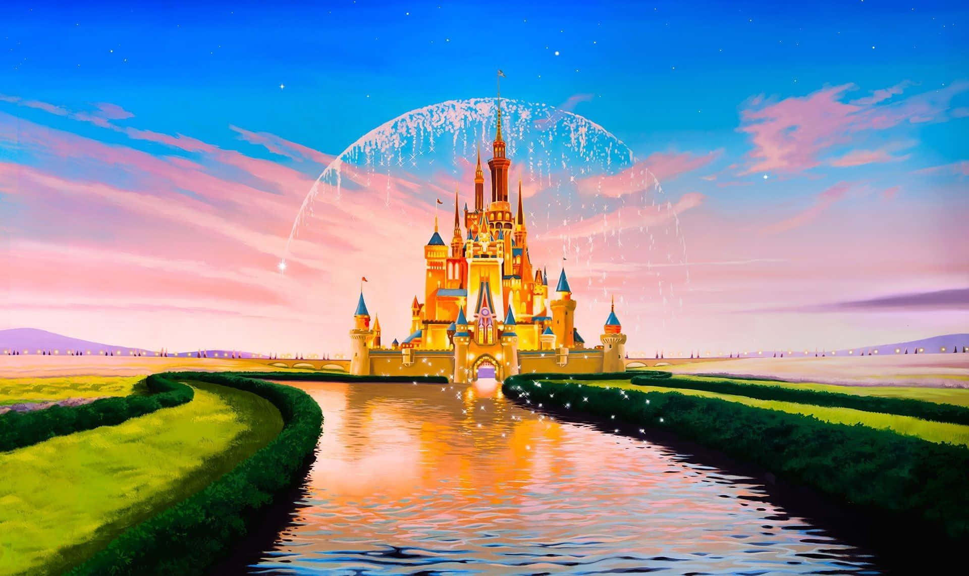 Disney Mac, golden castle, blue turrets, Full HD Desktop Wallpaper
