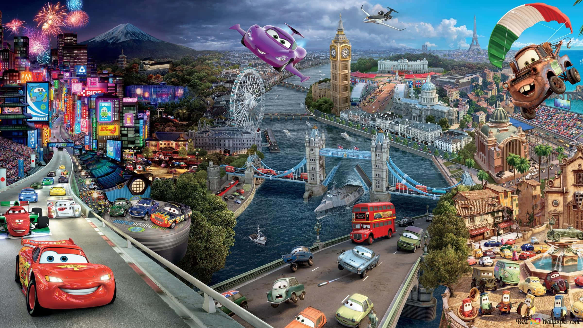 Disney Mac, anthropomorphic cars, iconic global landmarks, Full HD Desktop Wallpaper