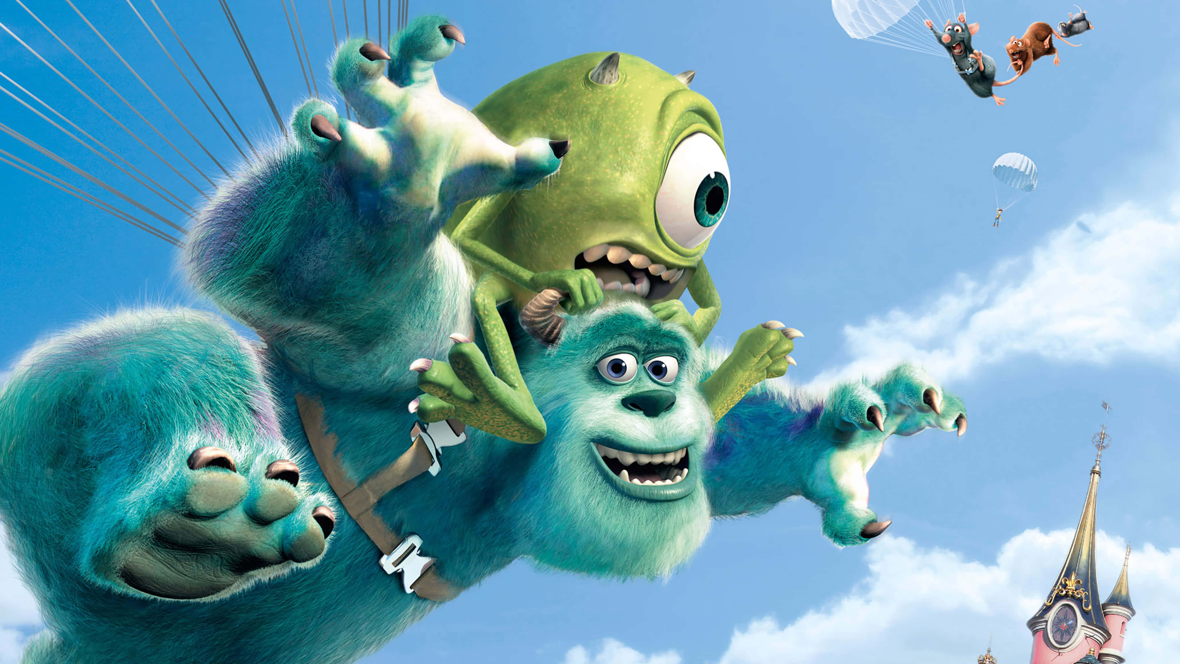 Disney Mac, giant friendly monsters, bright blue sky, 4K Desktop Wallpaper
