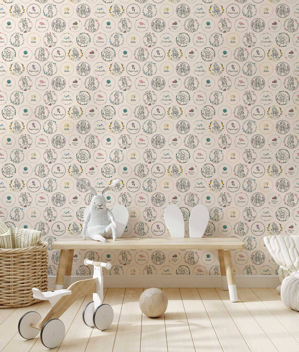 Disney Pattern, circular illustrations of animals and objects, wooden bench, HD Phone Wallpaper