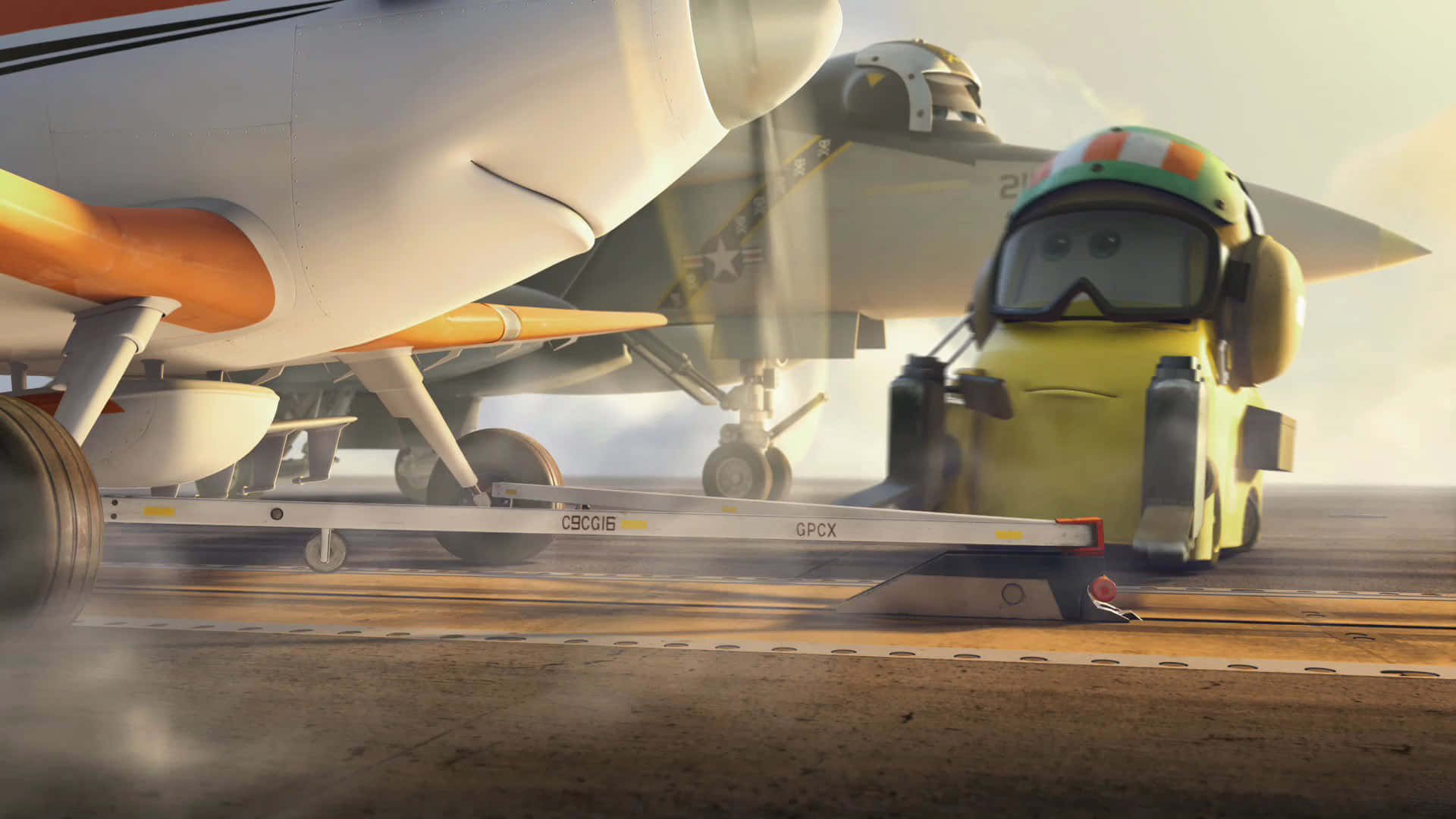 Disney Planes, yellow animated tug cart, pilot face, Full HD Desktop Wallpaper