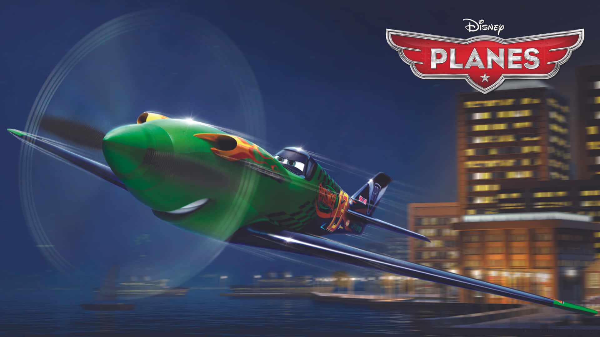 Disney Planes, green animated plane, orange flames, Full HD Desktop Wallpaper