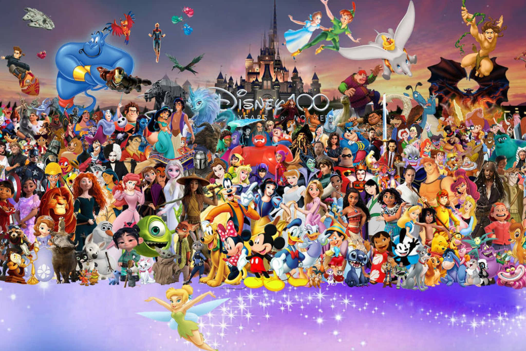 Disney characters, castle, twilight sky, Full HD Desktop Wallpaper