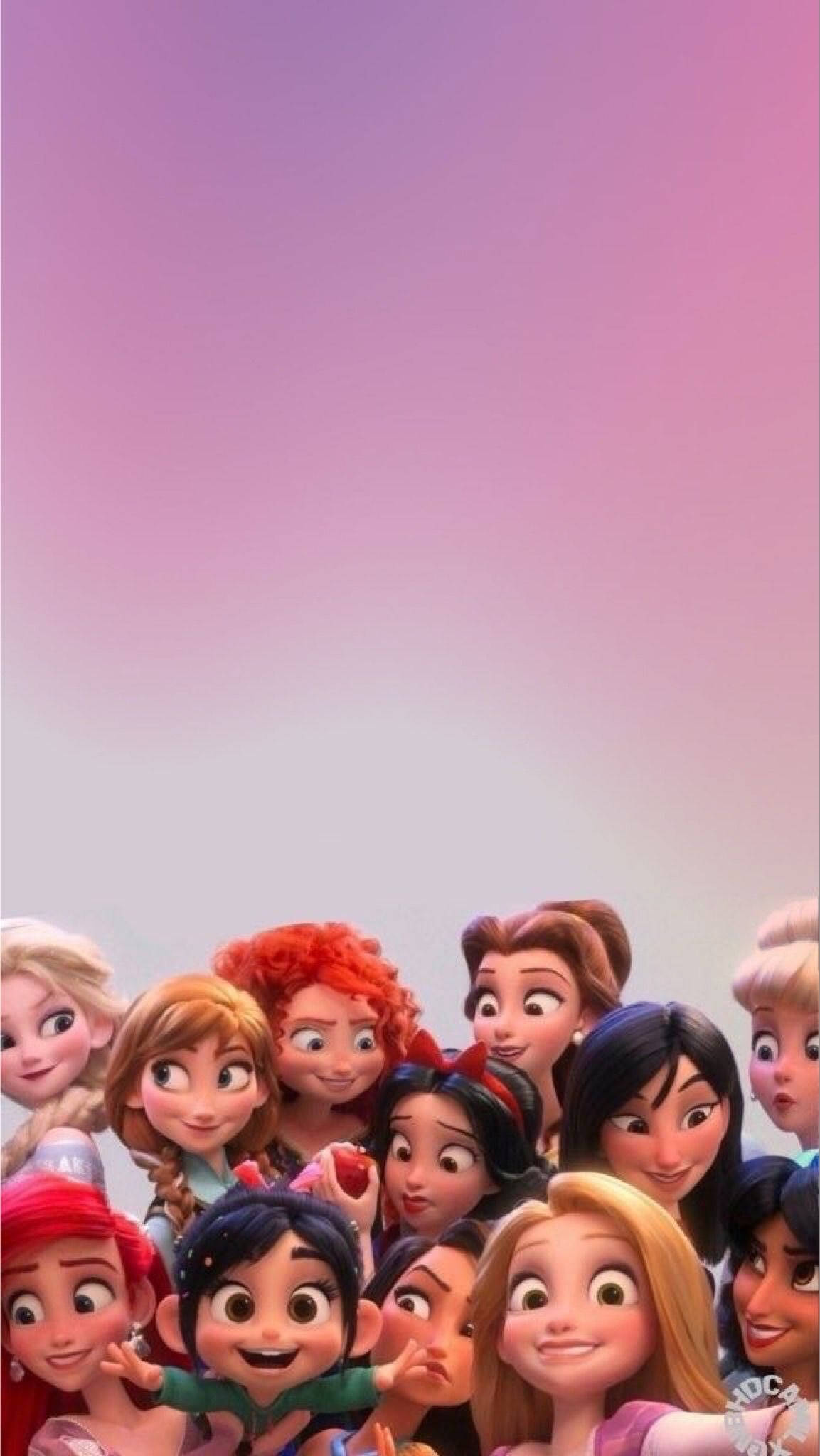 Disney Princess, animated princesses, soft pink gradient sky, Full HD Phone Wallpaper