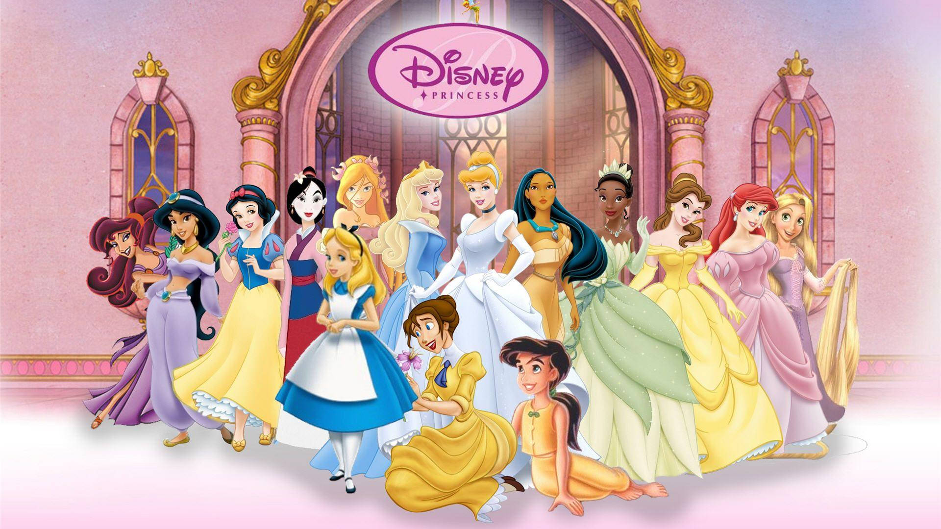 Disney Princess, pink castle hall, colorful gowns, Full HD Desktop Wallpaper