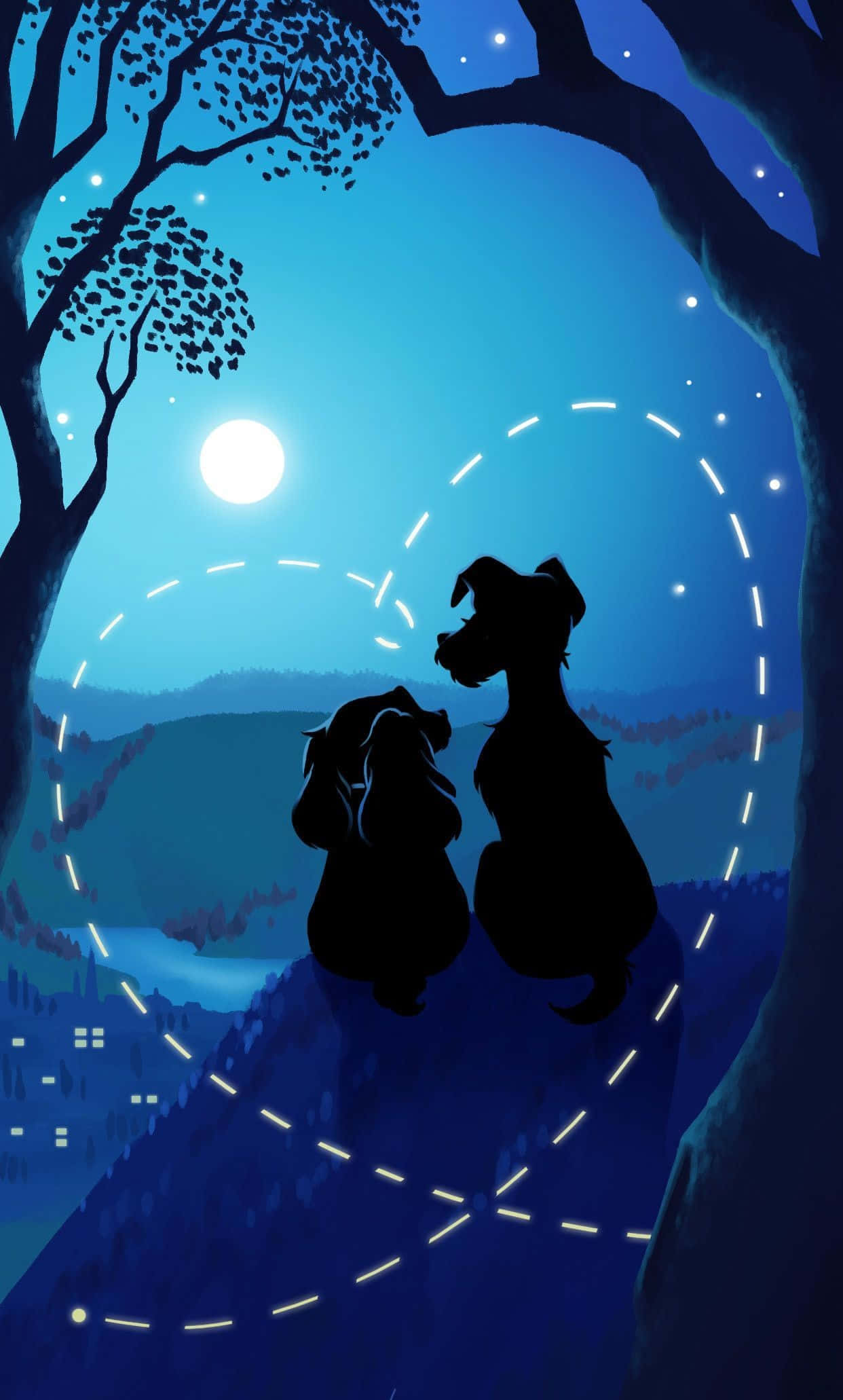 Disney Valentine, moonlit tree, glowing dashed lines, Full HD Phone Wallpaper