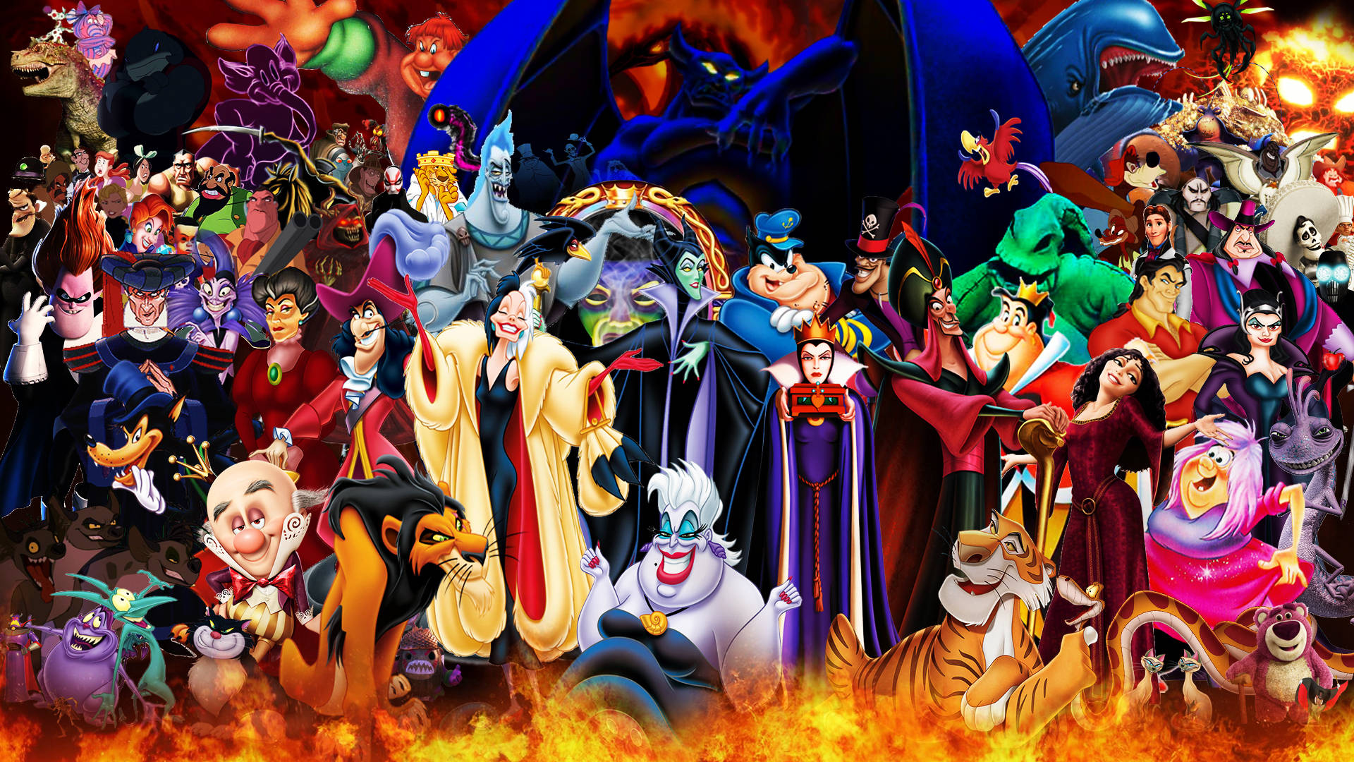 Disney Villains, fire, fiery collage, Full HD Desktop Wallpaper